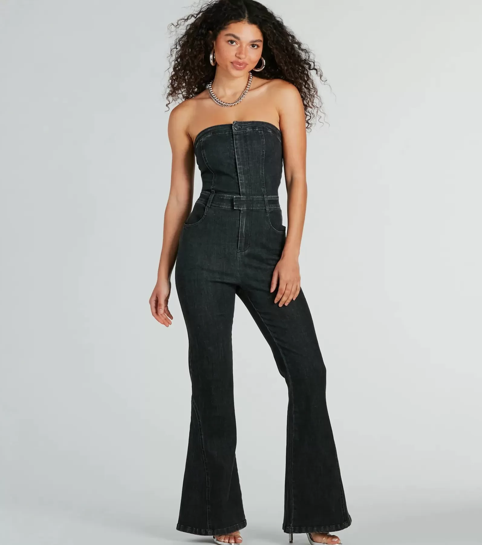 Windsor All Jumpsuits & Rompers | Black Pants*Flirty Retro Strapless Flare Denim Jumpsuit