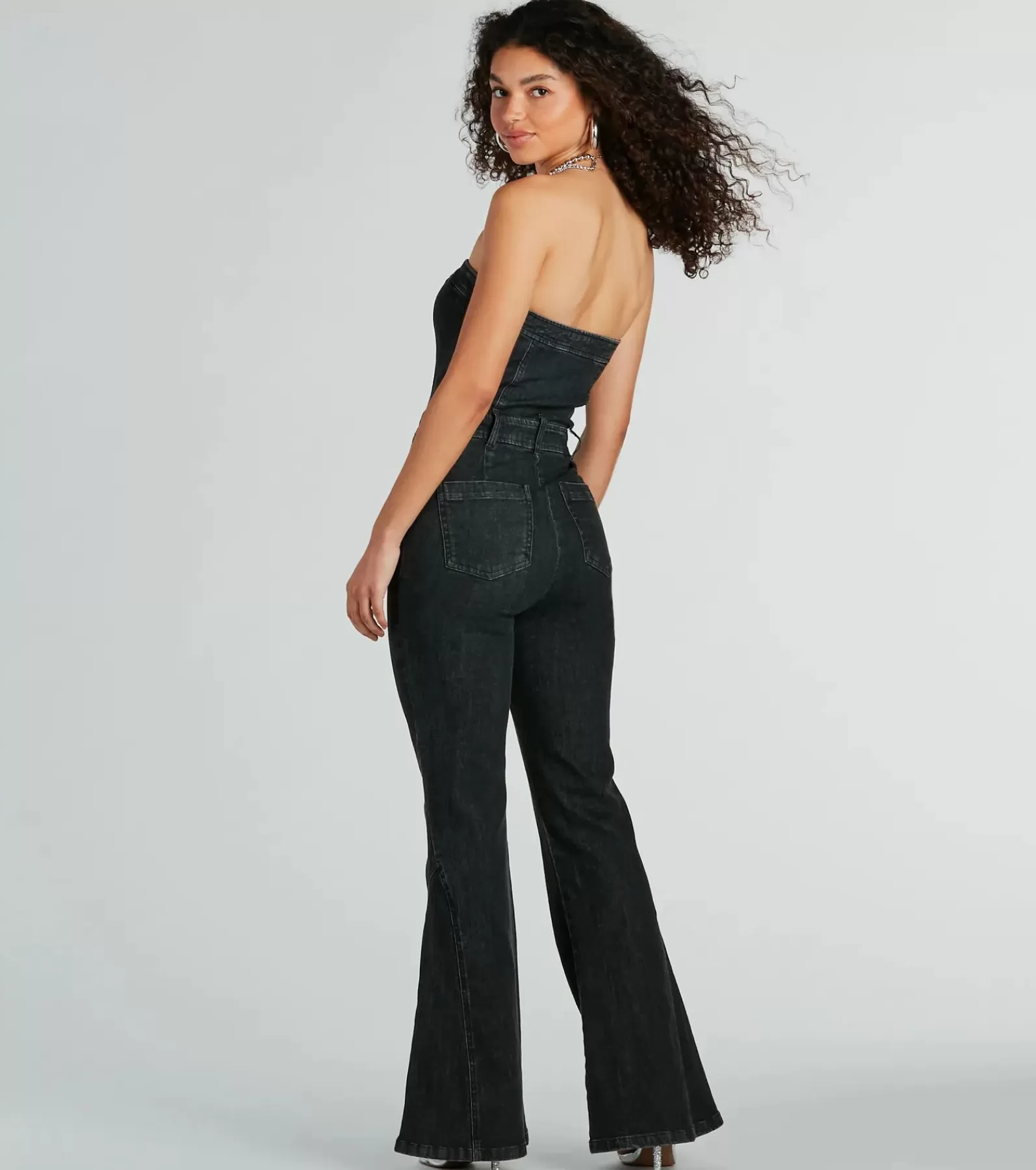 Windsor All Jumpsuits & Rompers | Black Pants*Flirty Retro Strapless Flare Denim Jumpsuit