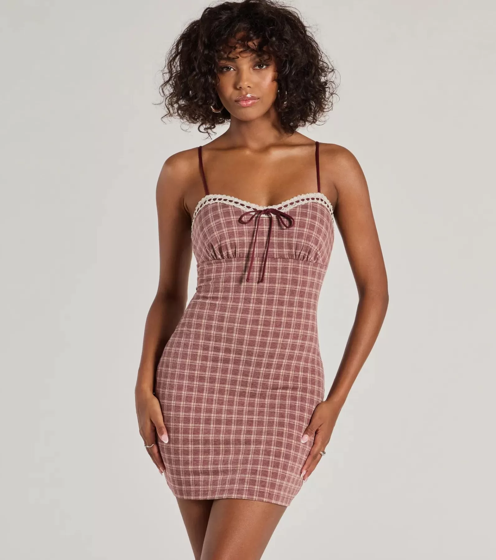 Windsor Short & Mini Dresses | Bodycon Dresses*Flirty Silhouette Lace Trim Plaid Mini Dress