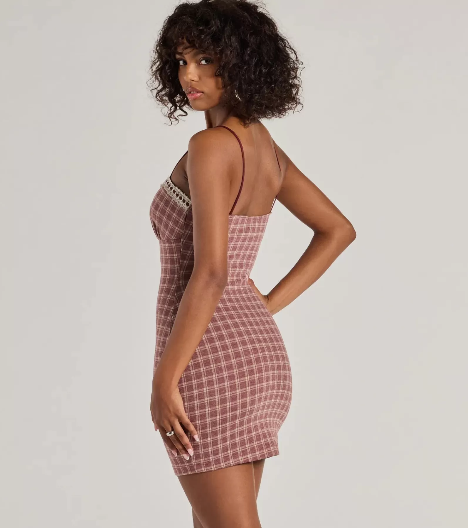 Windsor Short & Mini Dresses | Bodycon Dresses*Flirty Silhouette Lace Trim Plaid Mini Dress