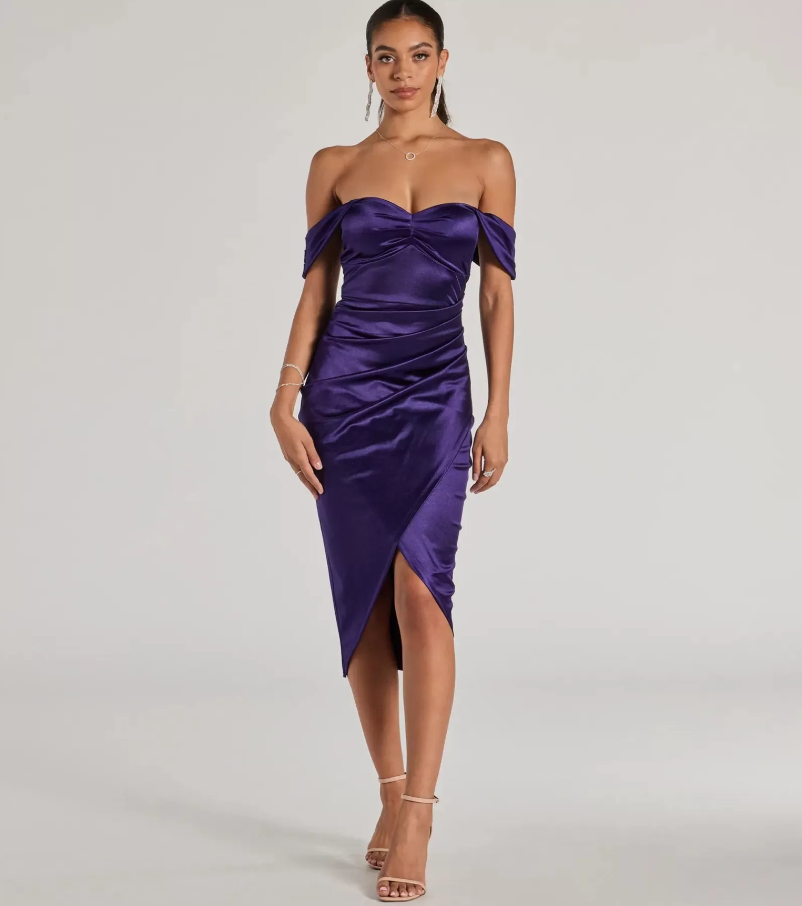 Windsor Wedding Outfits | Holiday Party Outfits*Gaia Satin Off The Shoulder Wrap Midi Dress