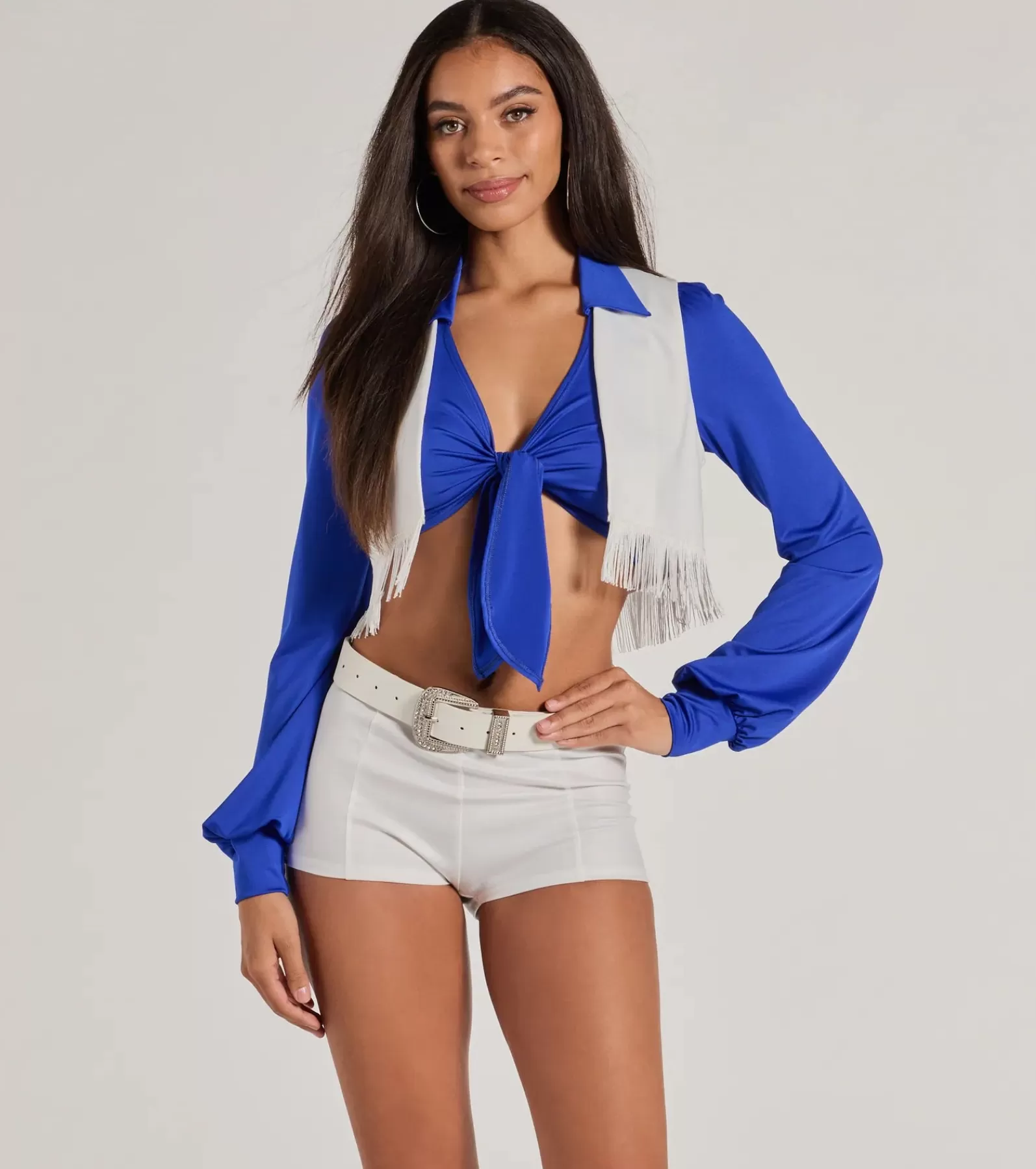 Windsor Tie Front Tops | Long Sleeve Tops*Game Day Spirit Cheerleader Collared Tie-Front Crop Top