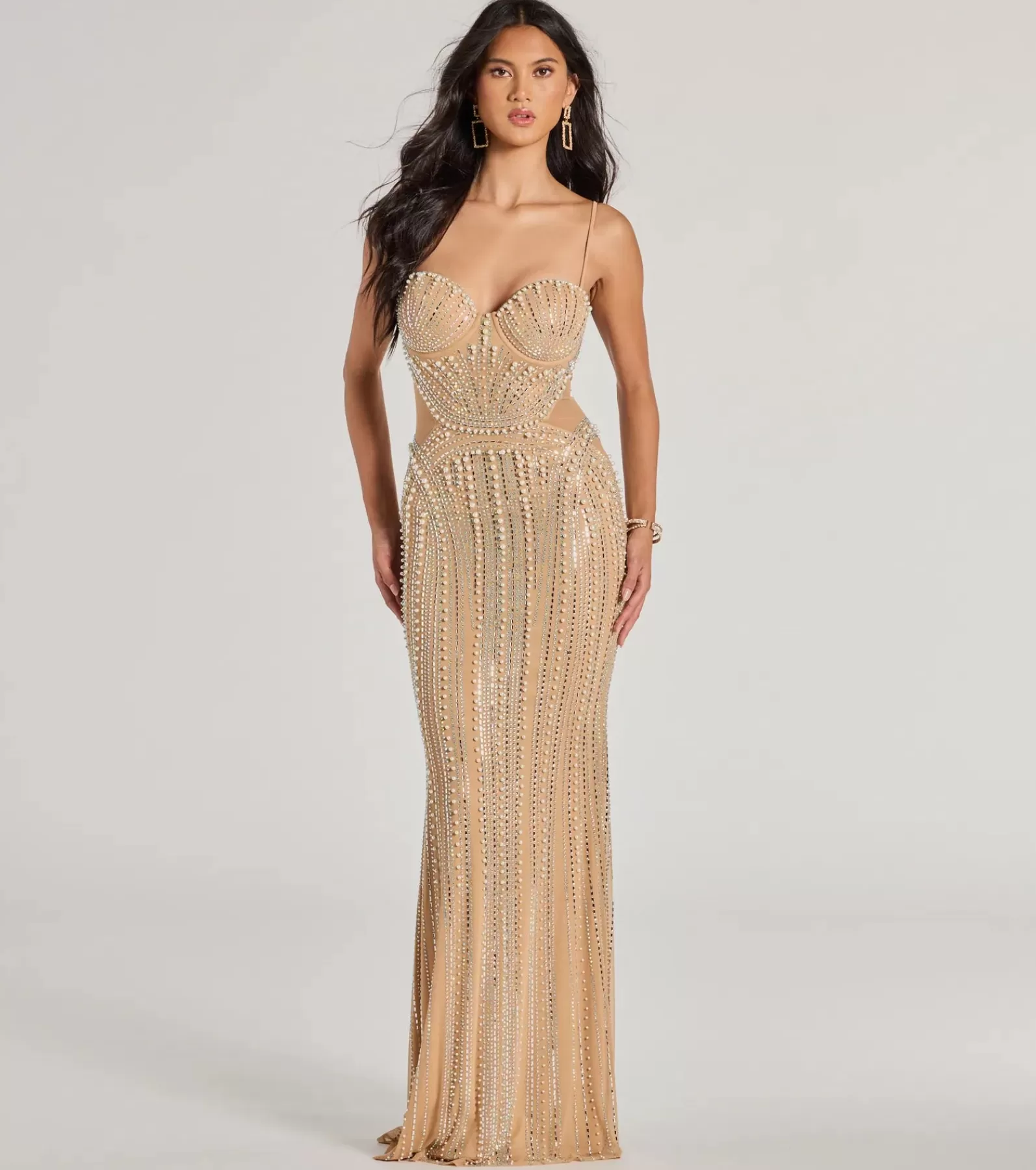 Windsor Long Dresses | Formal Dresses*Gianna Rhinestone Pearl Sheer Mesh Formal Dress