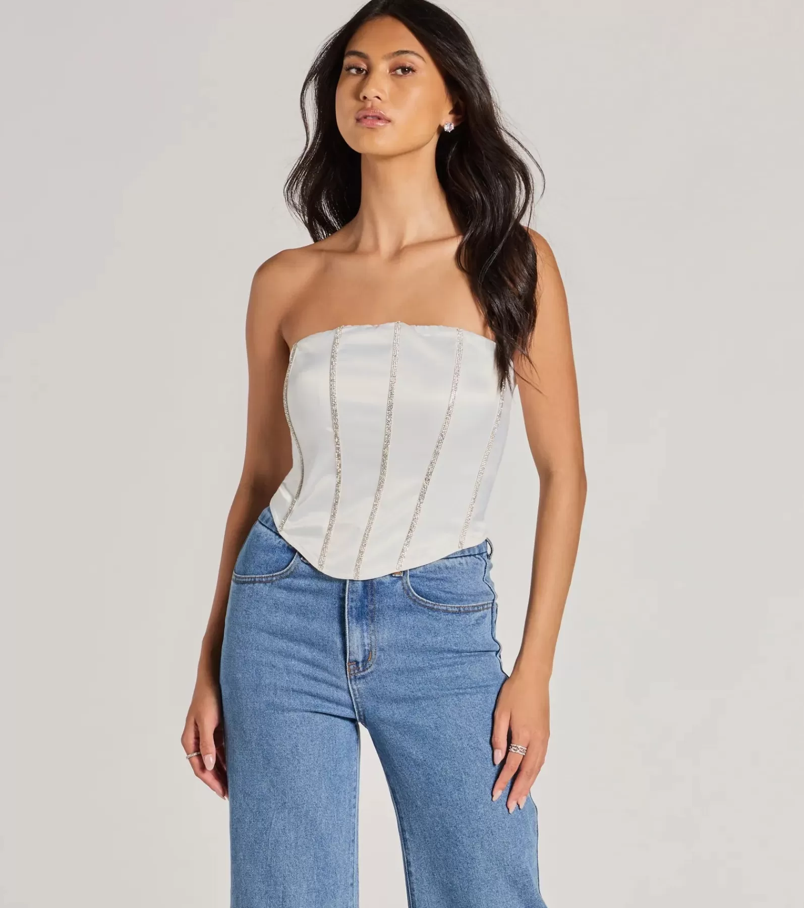 Windsor Going-Out Tops | Corset & Bustier Tops*Glitz It Up Rhinestone Trim Satin Strapless Corset Top