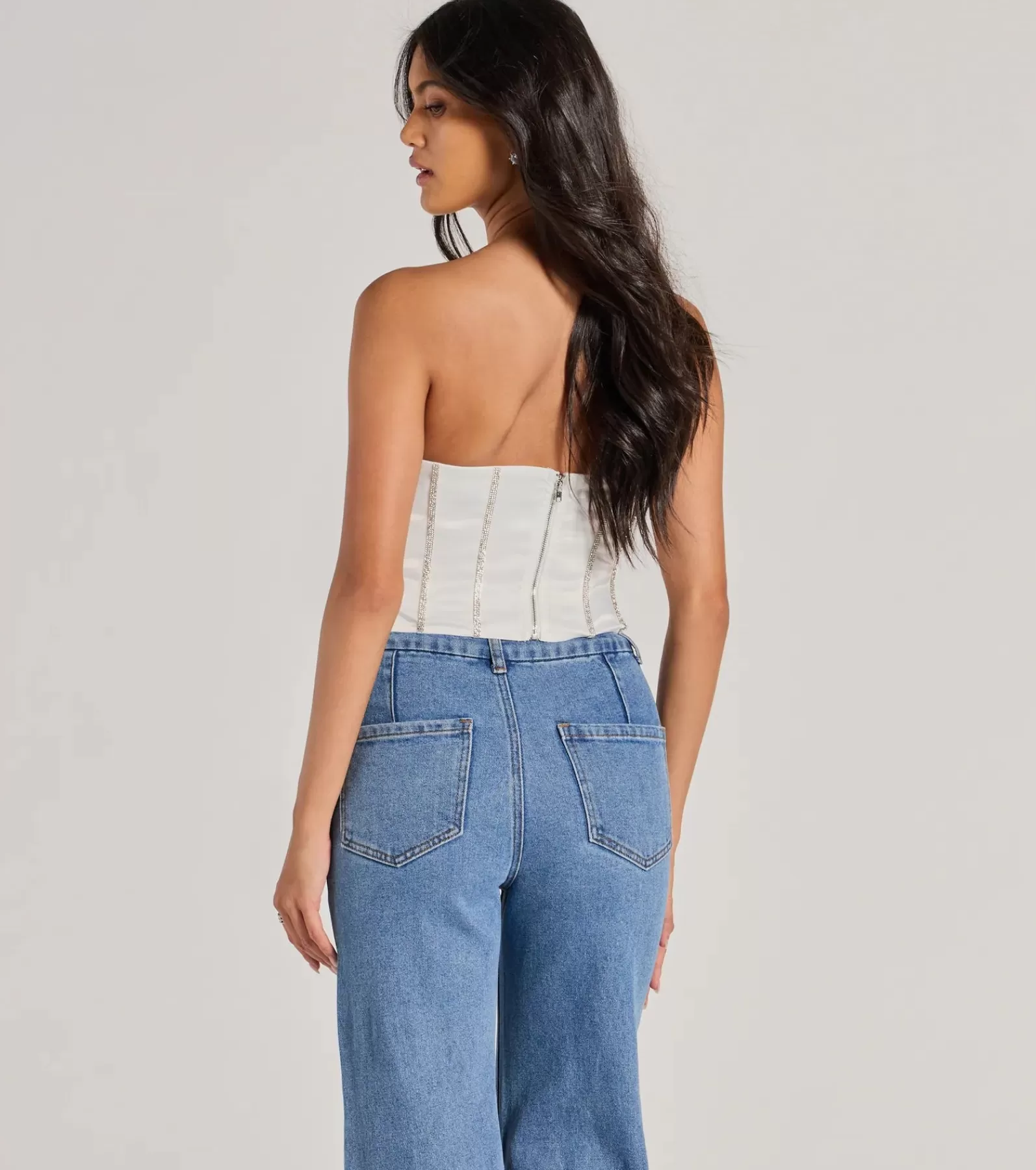 Windsor Going-Out Tops | Corset & Bustier Tops*Glitz It Up Rhinestone Trim Satin Strapless Corset Top