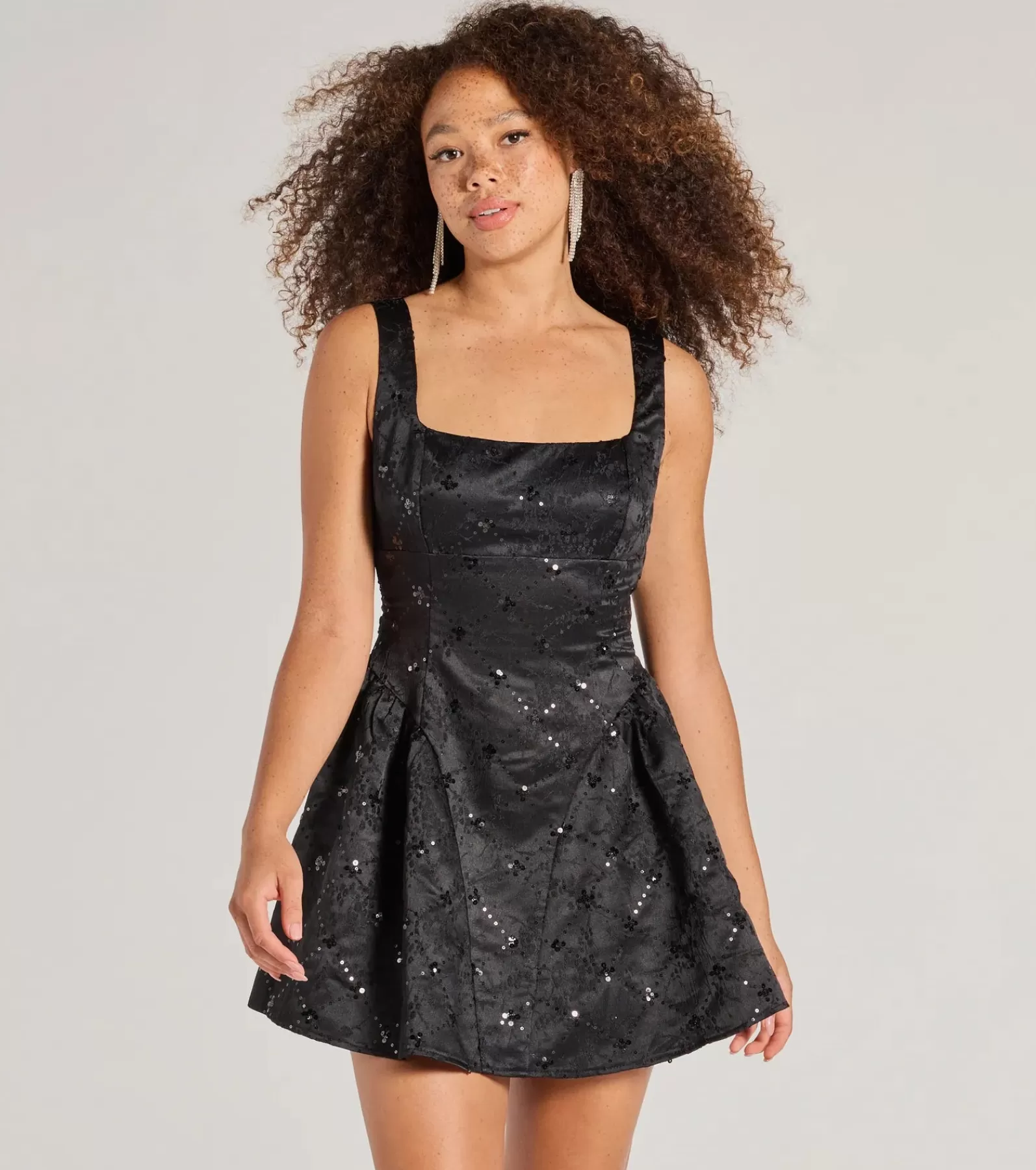 Windsor Mini Holiday Dresses | Sequin Holiday Dresses*Glitzy Chic Sequin Woven Drop Waist Skater Dress