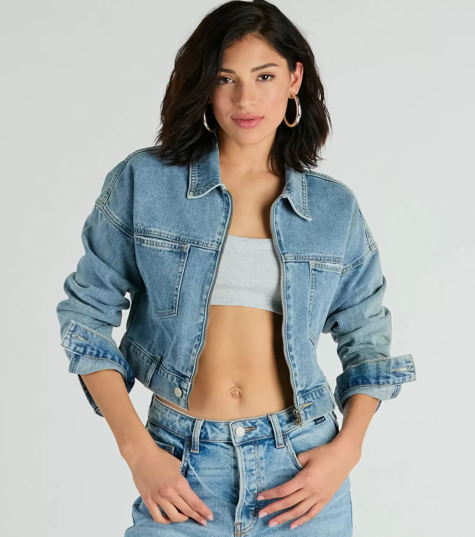 Windsor Jean Jackets*Good Vibes Zip-Up Crop Trucker Denim Jacket