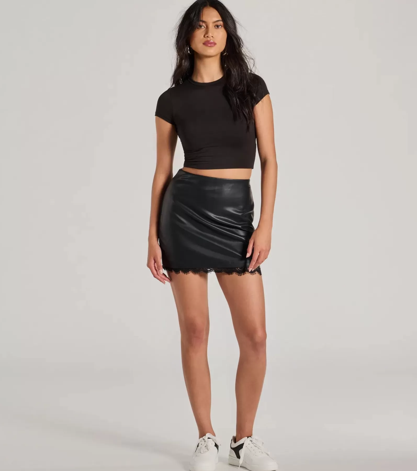 Windsor Black Skirts | Faux Leather & Suede Bottoms*Gorgeous Design High Rise Lace Faux Leather Mini Skirt