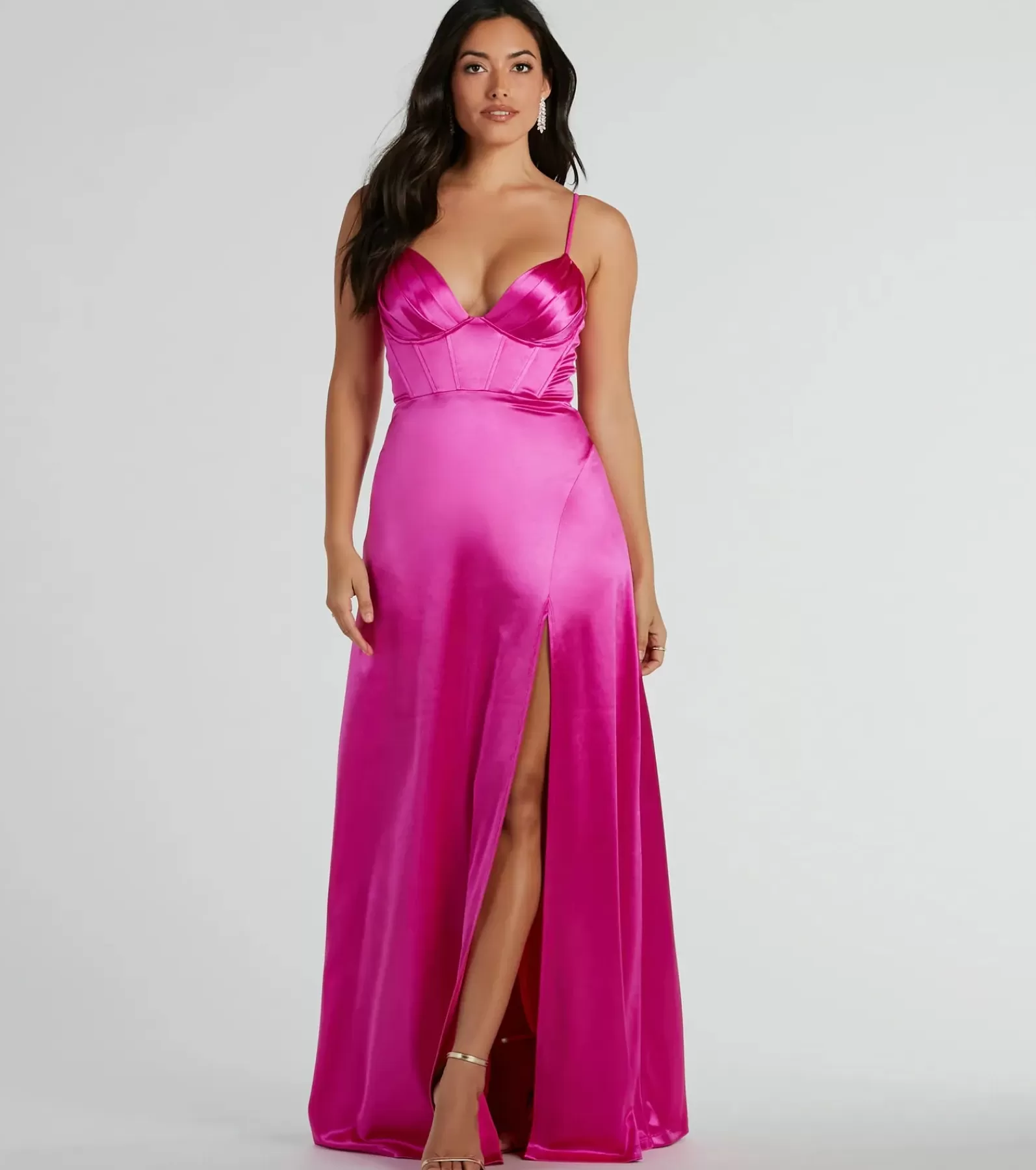 Windsor Satin Bridesmaid Dresses | Pink Bridesmaid Dresses*Haley Corset Slit A-Line Satin Formal Dress