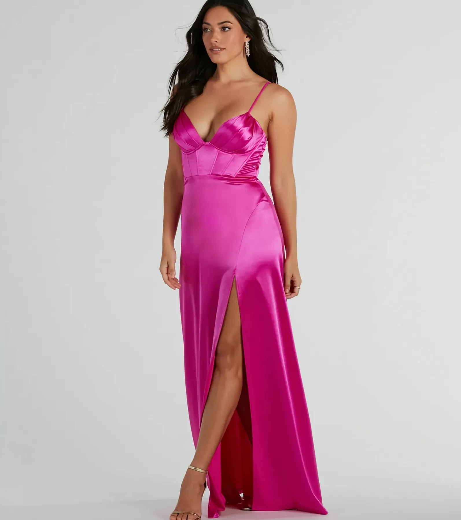 Windsor Satin Bridesmaid Dresses | Pink Bridesmaid Dresses*Haley Corset Slit A-Line Satin Formal Dress