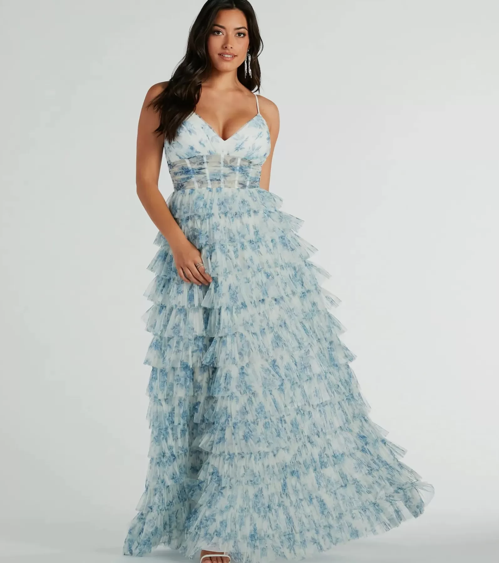 Windsor Blue Bridesmaid Dresses | Country Wedding Guest Dresses*Halle Corset Ruffle A-Line Floral Formal Dress