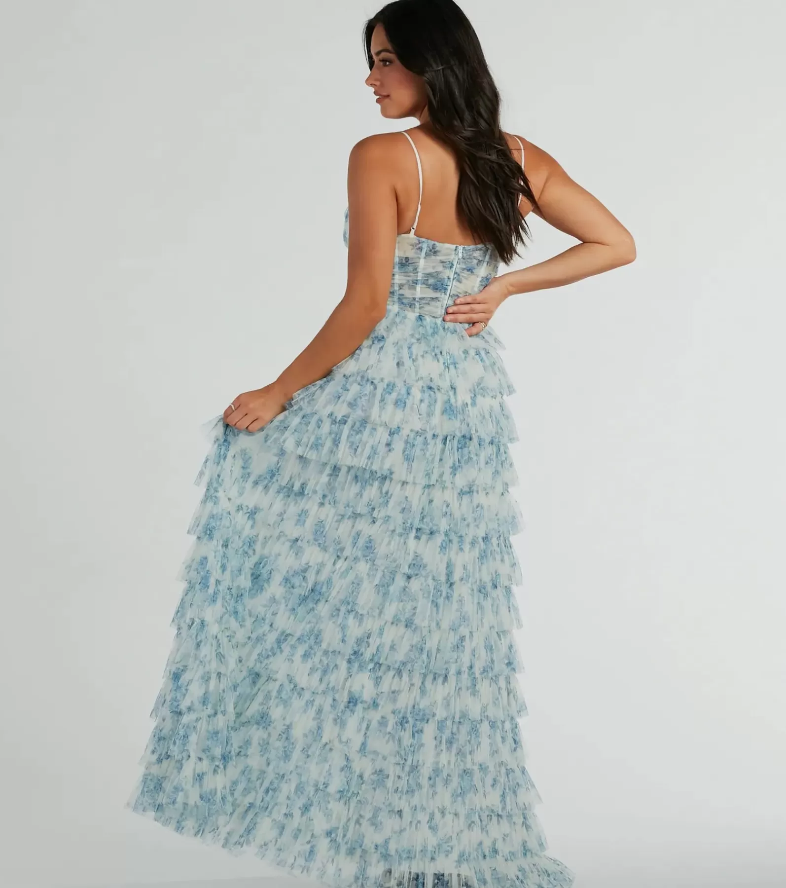 Windsor Blue Bridesmaid Dresses | Country Wedding Guest Dresses*Halle Corset Ruffle A-Line Floral Formal Dress