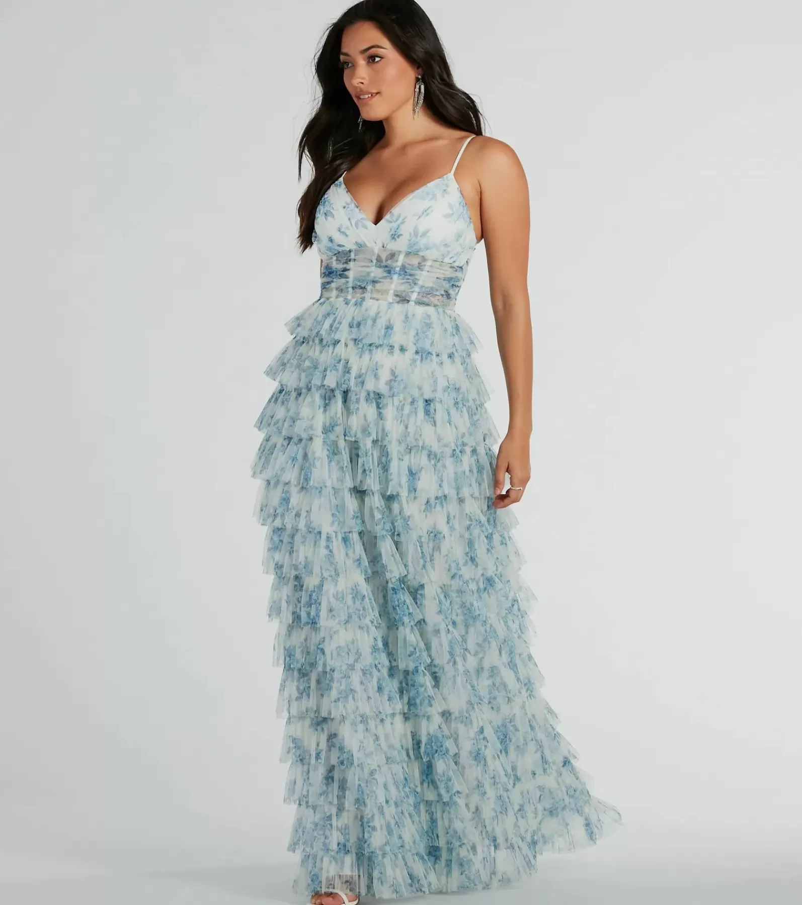 Windsor Blue Bridesmaid Dresses | Country Wedding Guest Dresses*Halle Corset Ruffle A-Line Floral Formal Dress