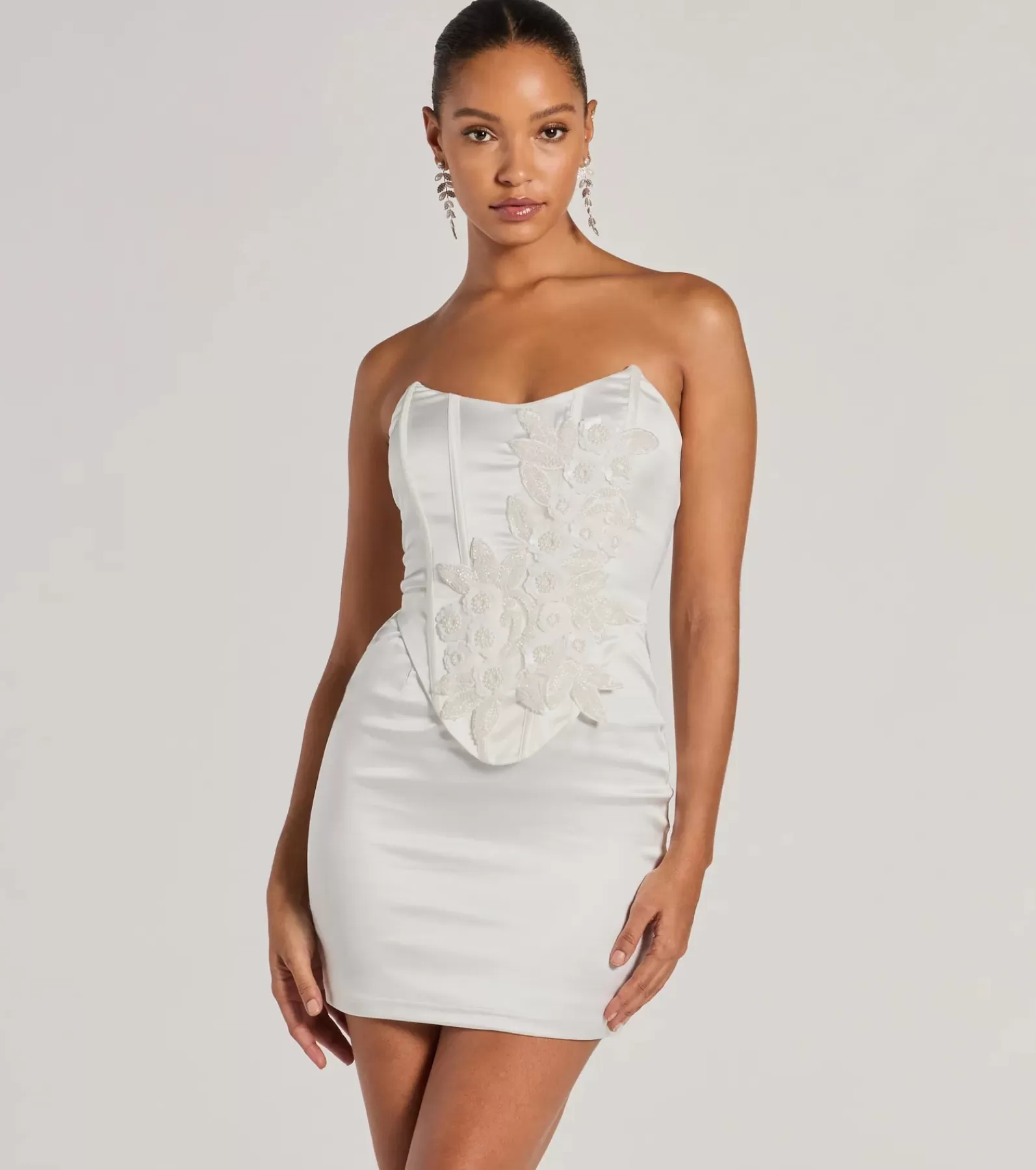 Windsor Bridal Reception Dresses | Bridal Shower*Hannah Pearl Beaded Floral Satin Corset Mini Dress