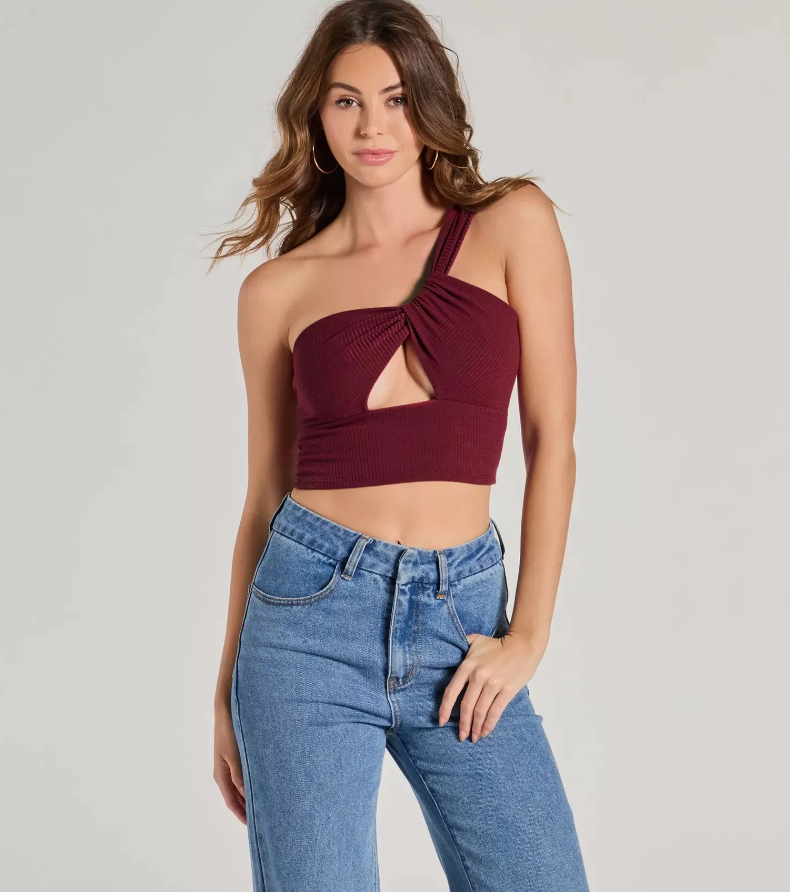 Windsor Basic Tops | Off The Shoulder Tops*Here To Slay One-Shoulder Cutout Knit Crop Top