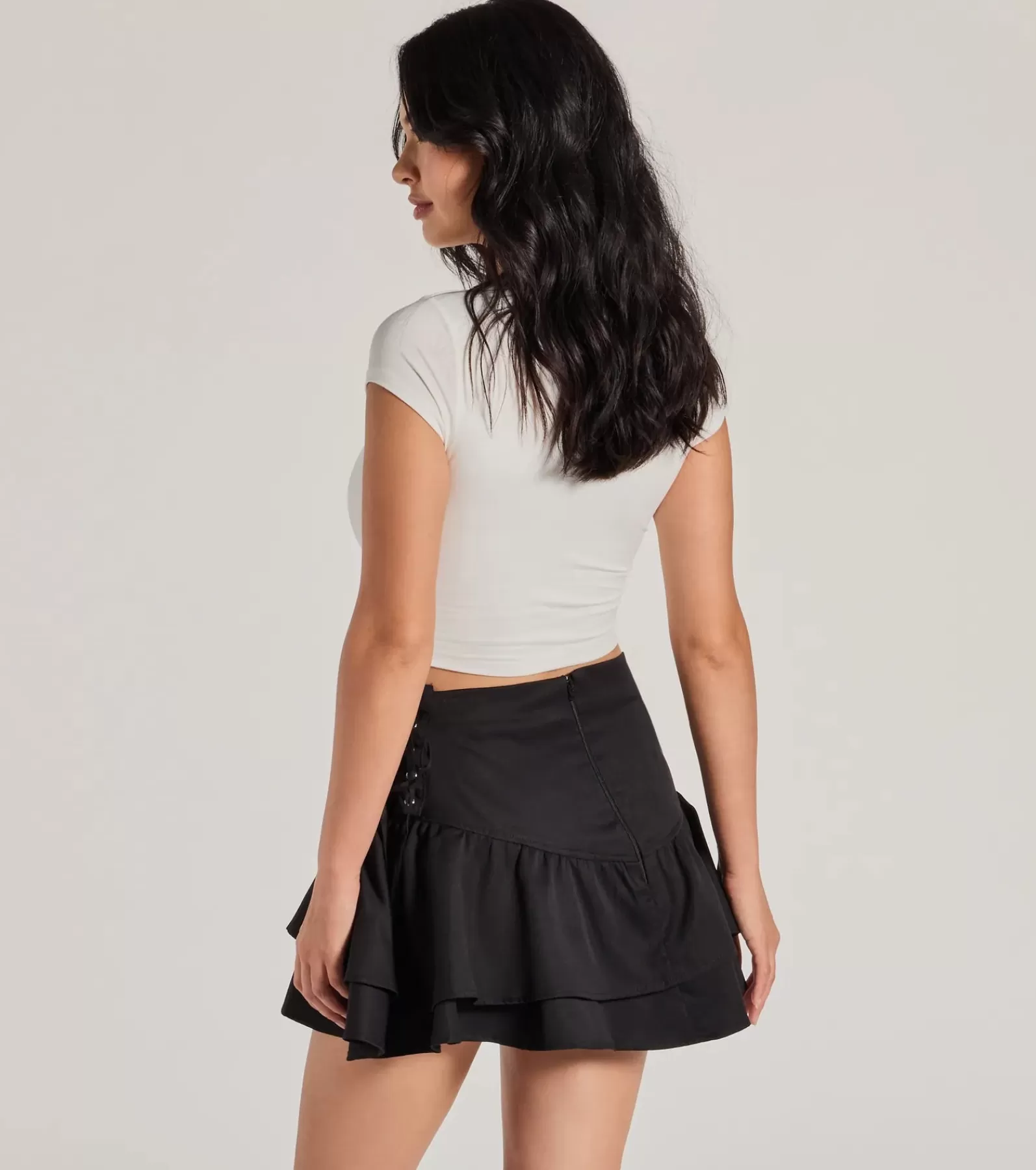 Windsor Black Skirts | Mini Skirts*Impressively Sweet High-Rise Lace-Up Peplum Skirt