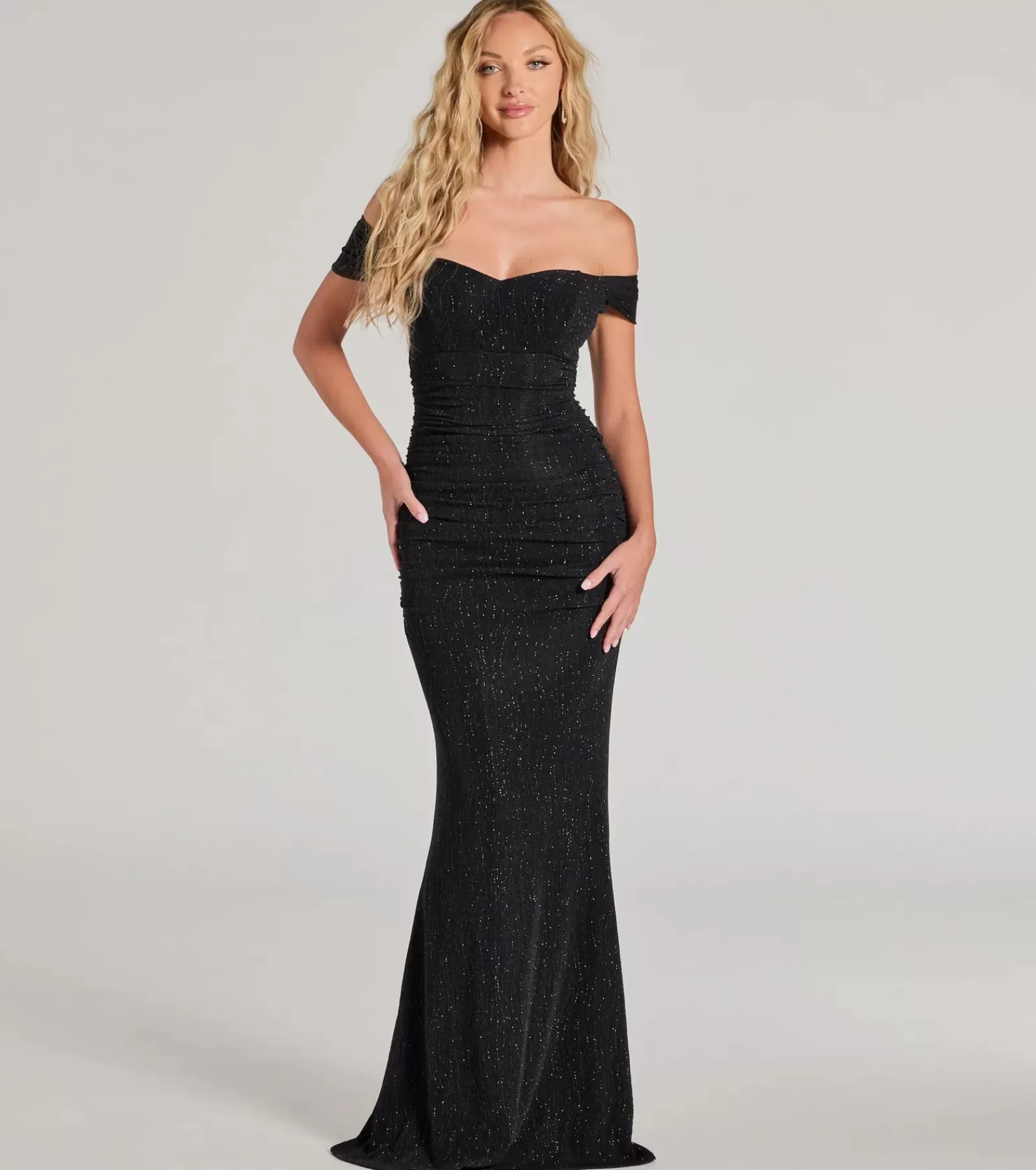 Windsor Black Bridesmaid Dresses | Black Tie Wedding Guest Dresses*Ines Glitter Lurex Off-The-Shoulder Mermaid Dress