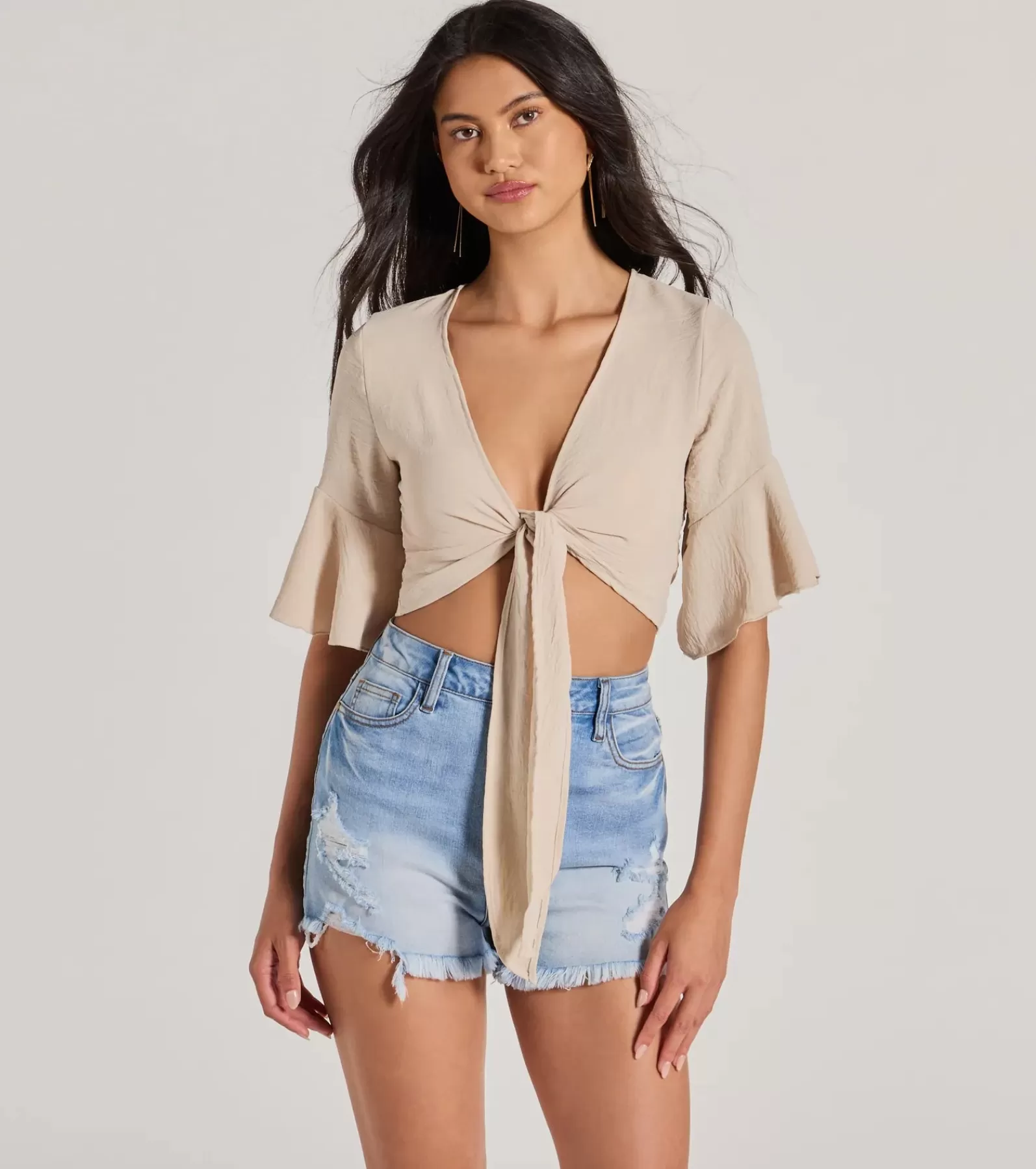 Windsor Tie Front Tops | Short Sleeve Tops*Infinite Possibilities Tie Front Crop Top