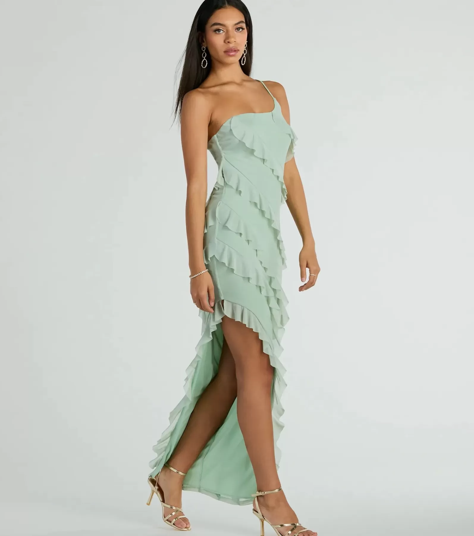 Windsor Green Bridesmaid Dresses | Beach Wedding Guest Dresses*Jaymie One-Shoulder Ruffle Slit Formal Dress