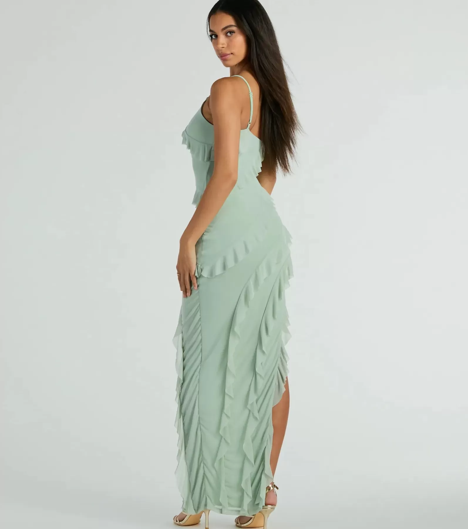 Windsor Green Bridesmaid Dresses | Beach Wedding Guest Dresses*Jaymie One-Shoulder Ruffle Slit Formal Dress