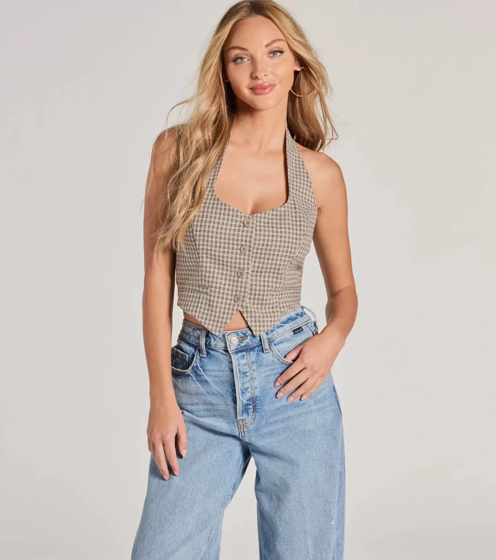 Windsor Crop Tops*Keep On Charming Plaid Linen Cropped Vest