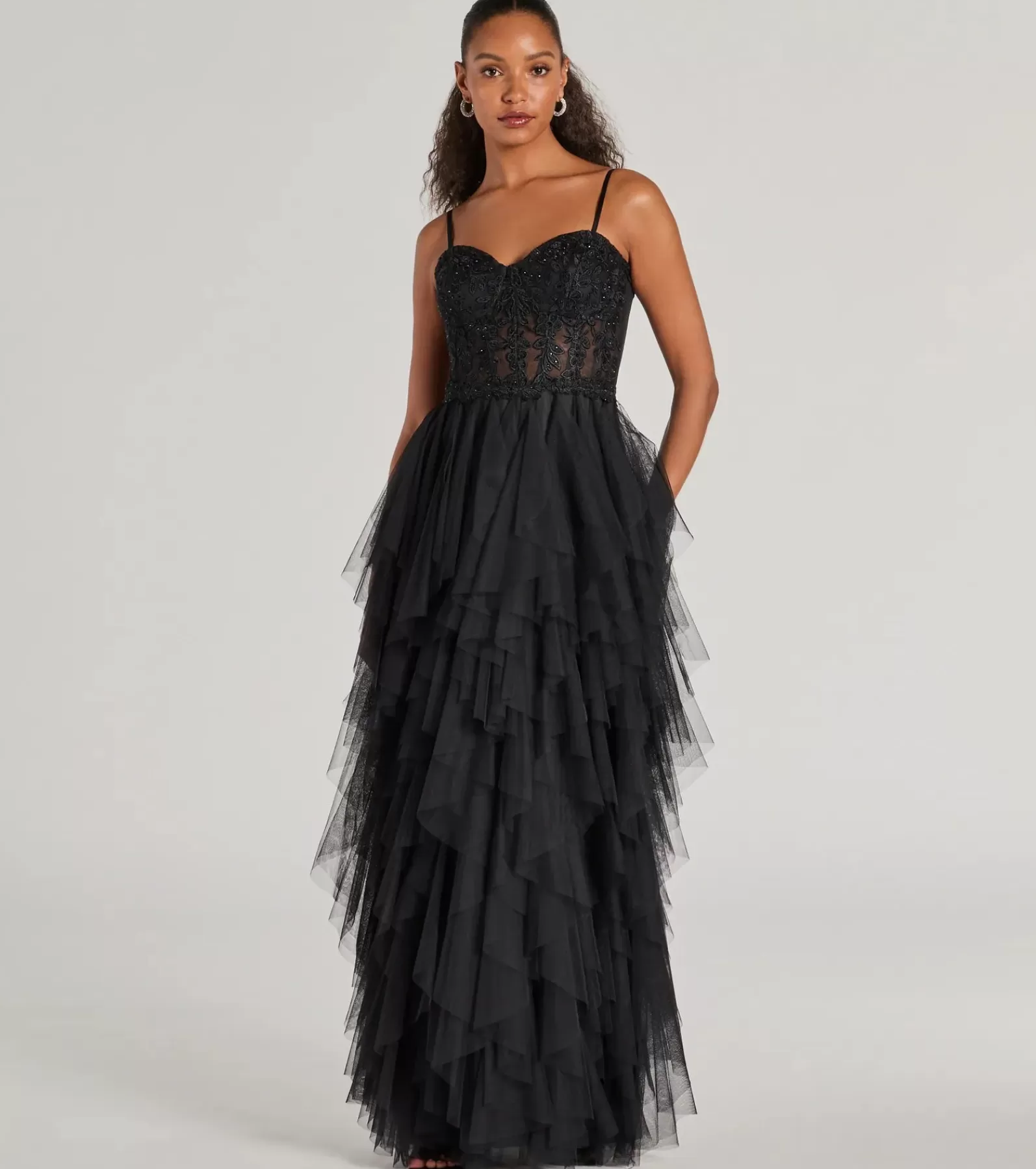 Windsor Long Dresses | Ball Gowns*Keyla Floral Applique Tiered Ruffle Tulle Gown