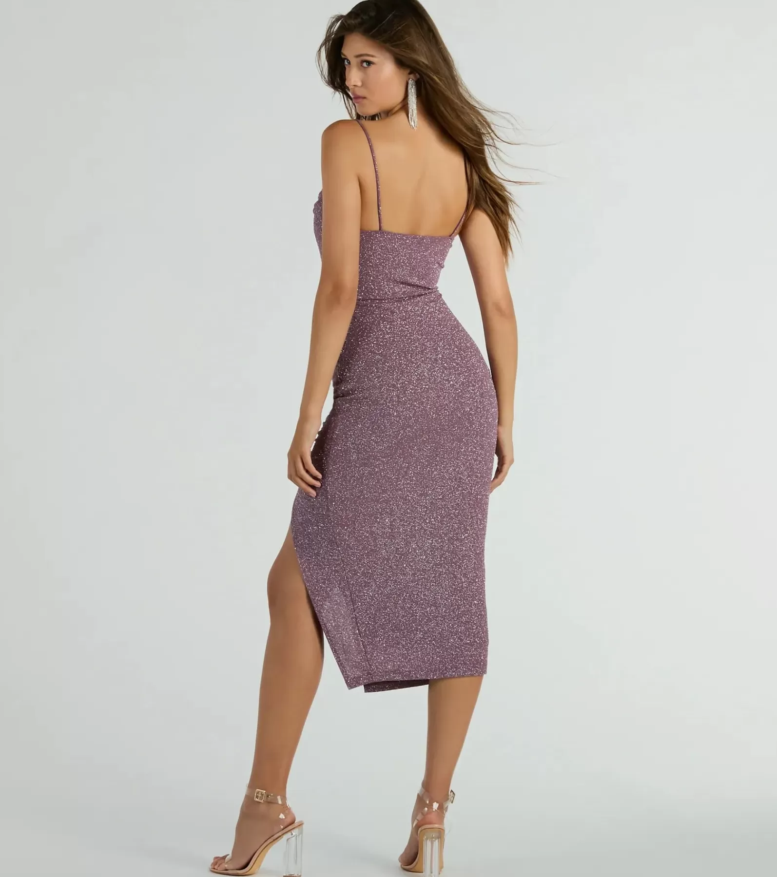 Windsor Purple Bridesmaid Dresses | Midi Dresses*Kim Cowl Neck Bodycon Glitter Midi Dress