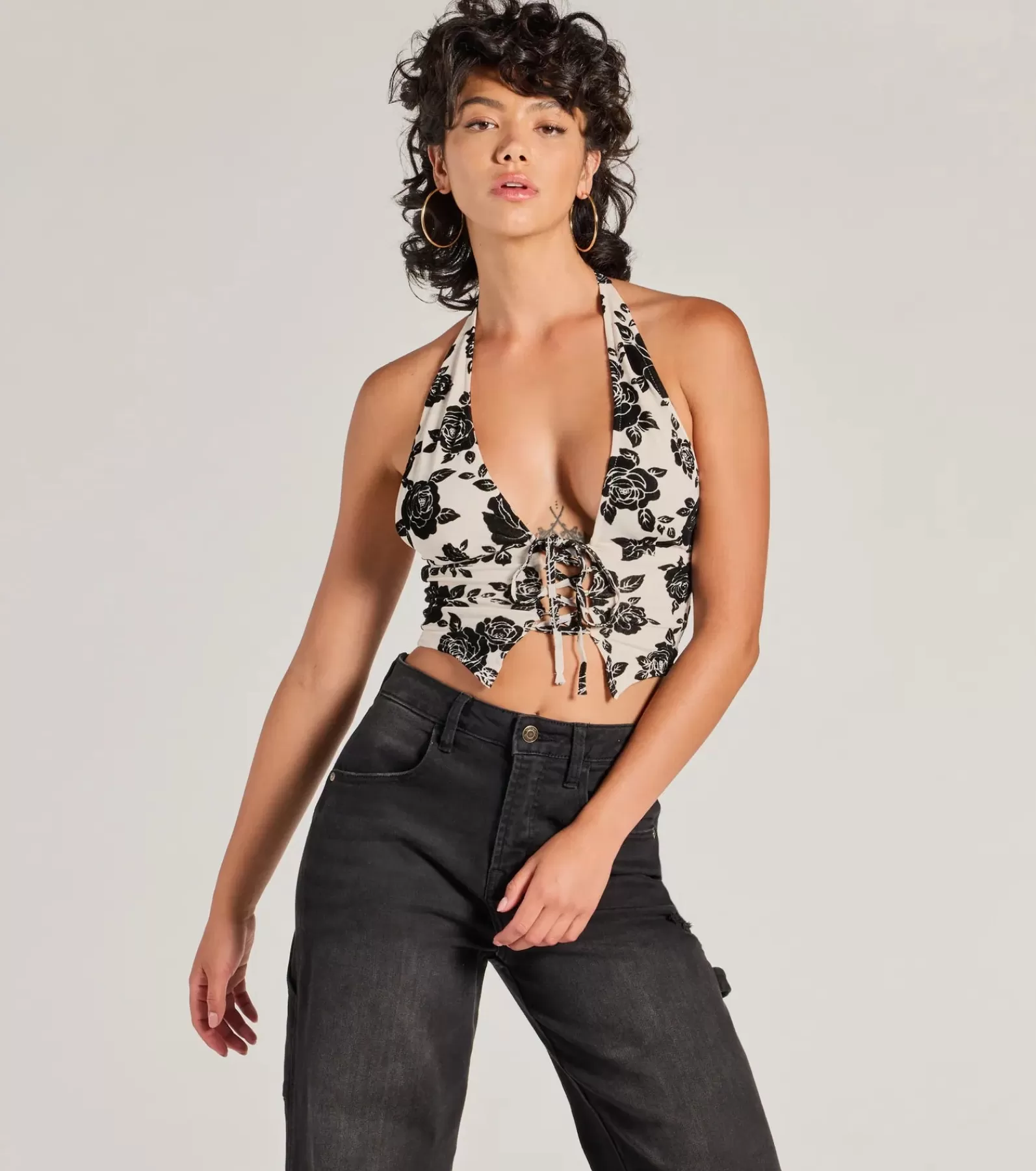 Windsor Going-Out Tops*Love For Chic Flocked Floral Halter Crop Top
