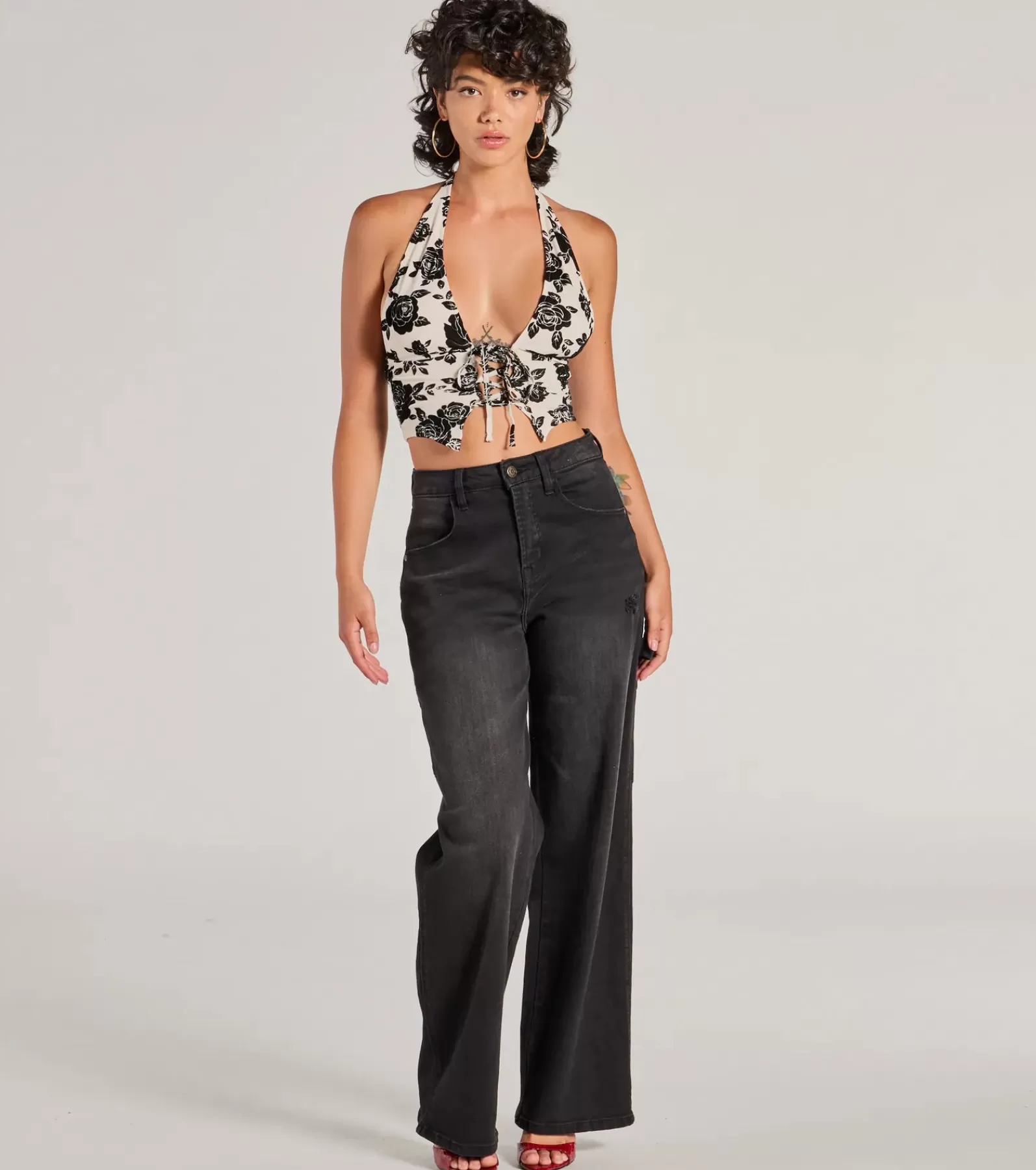 Windsor Going-Out Tops*Love For Chic Flocked Floral Halter Crop Top