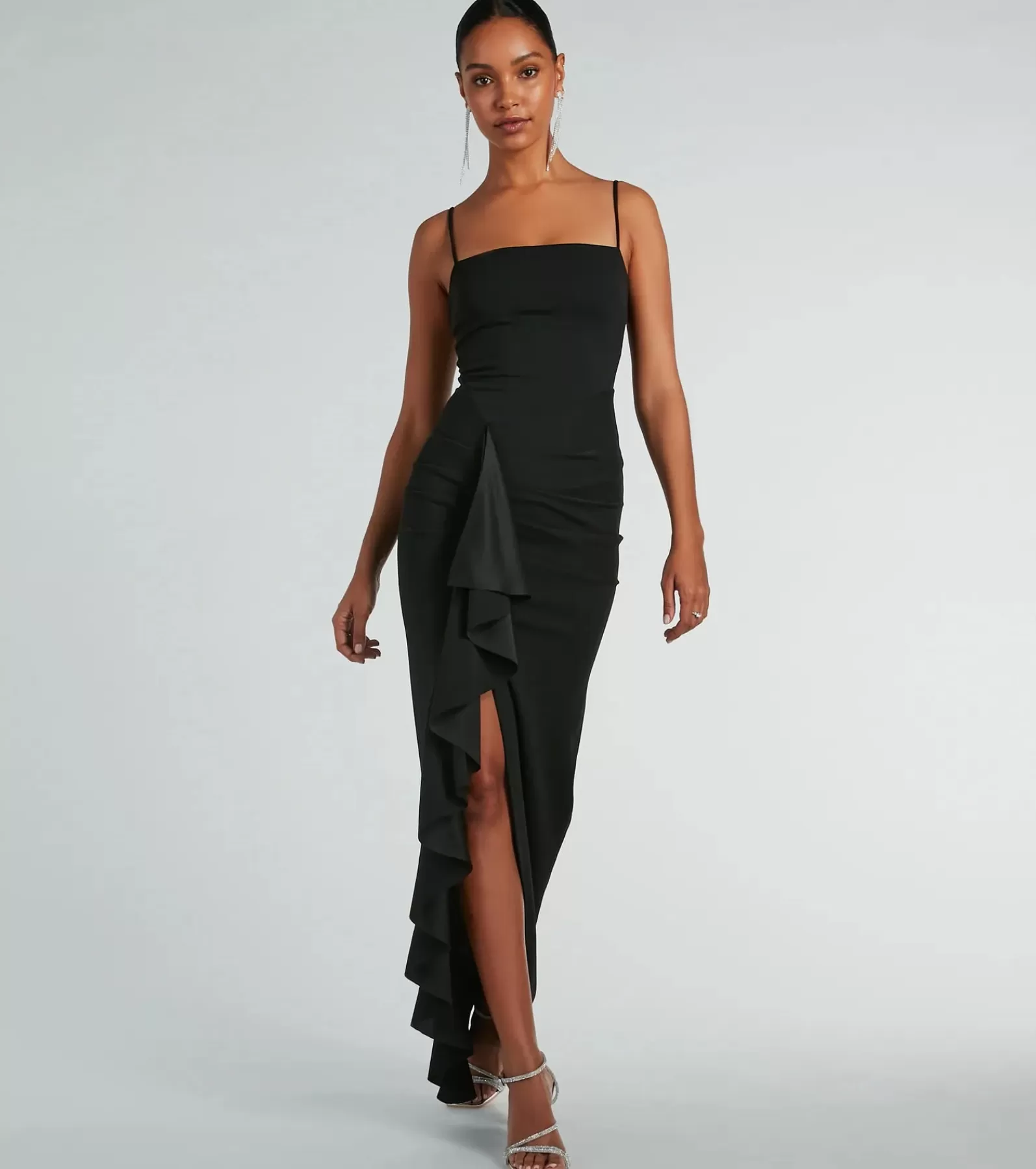 Windsor Honeymoon | Bridal Shower*Maggie Ruffled High Slit Crepe Formal Dress