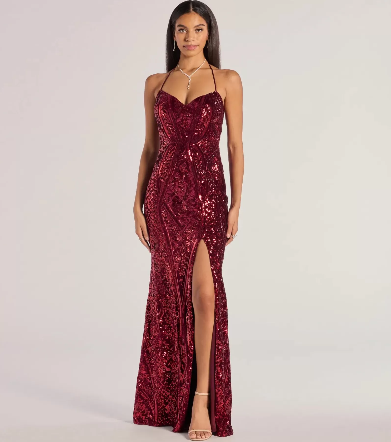 Windsor Sequin Bridesmaid Dresses | Red Bridesmaid Dresses*Meara Sequin Velvet Hight Slit Mermaid Dress