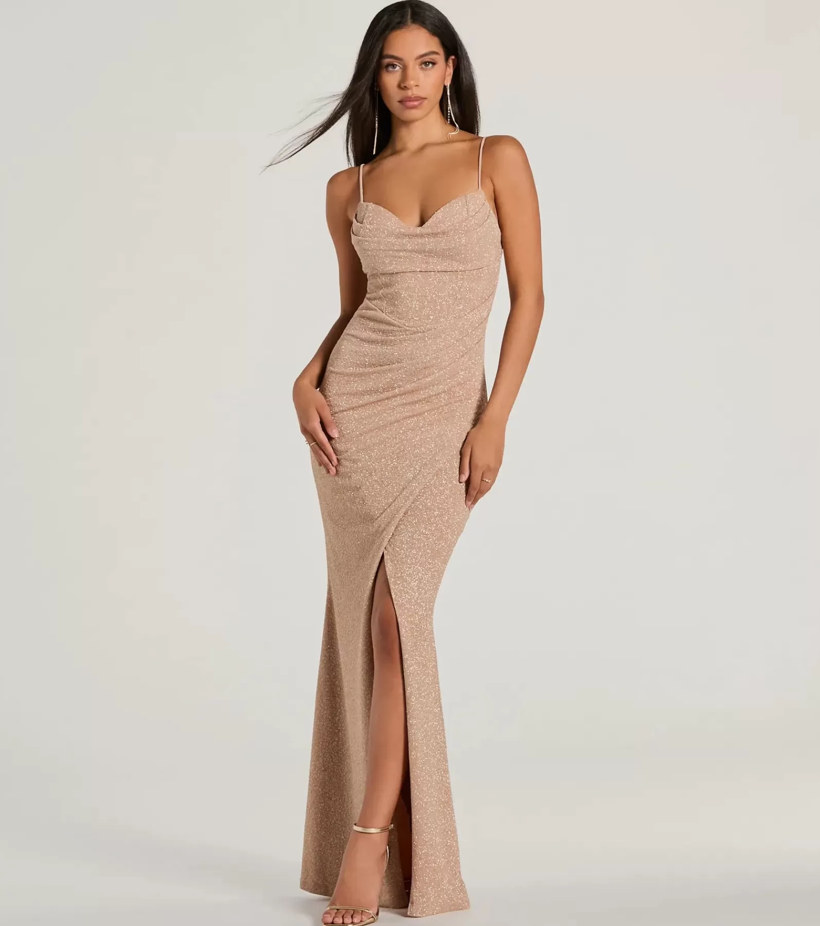 Windsor Pink Bridesmaid Dresses | Blue Bridesmaid Dresses*Mila Cowl Neck Wrap Slit Mermaid Glitter Formal Dress
