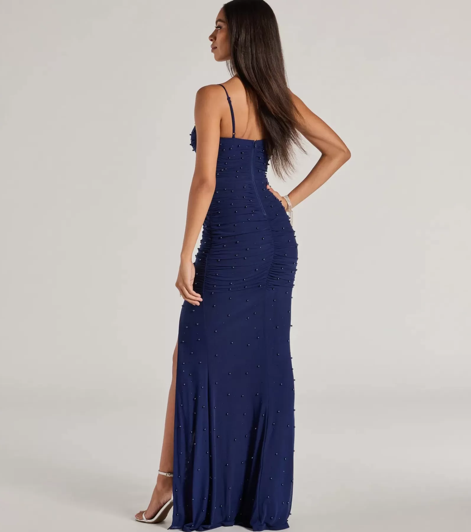 Windsor Wedding Outfits | Blue Bridesmaid Dresses*Milena Faux Pearl Mesh High Slit Mermaid Dress