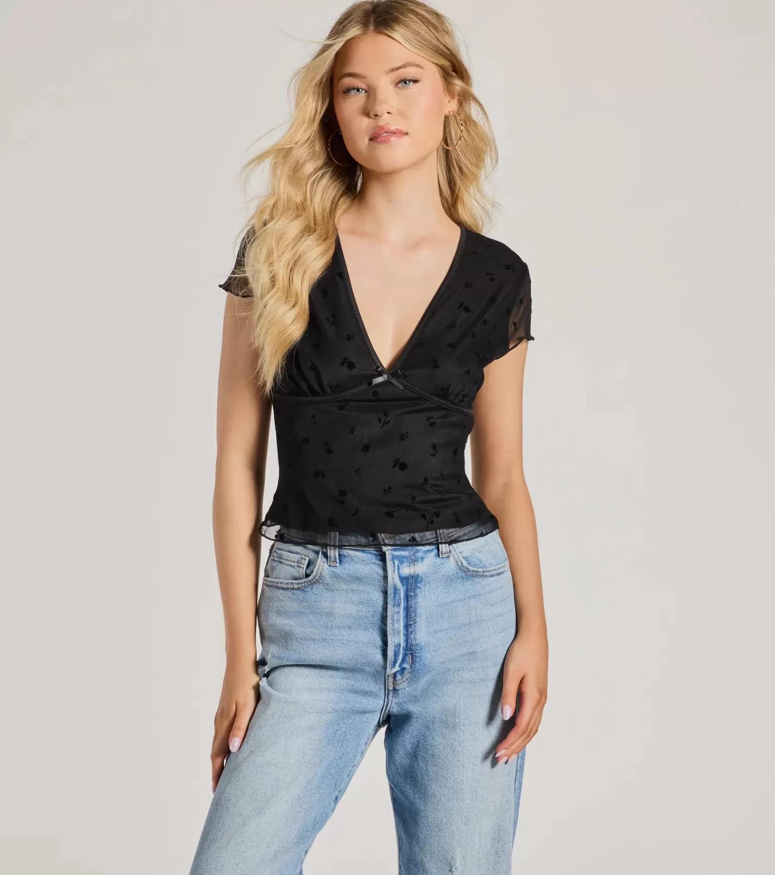 Windsor Going-Out Tops | Short Sleeve Tops*Mood Set V-Neck Floral Velvet Pattern Mesh Top