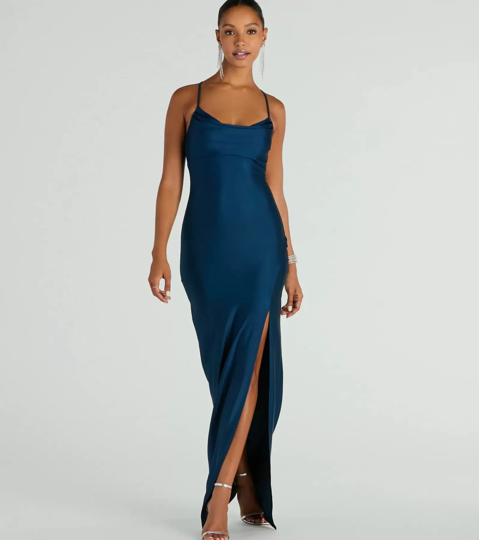 Windsor Blue Bridesmaid Dresses | Long Dresses*Natalie Cowl Neck Lace Up Slit Formal Dress