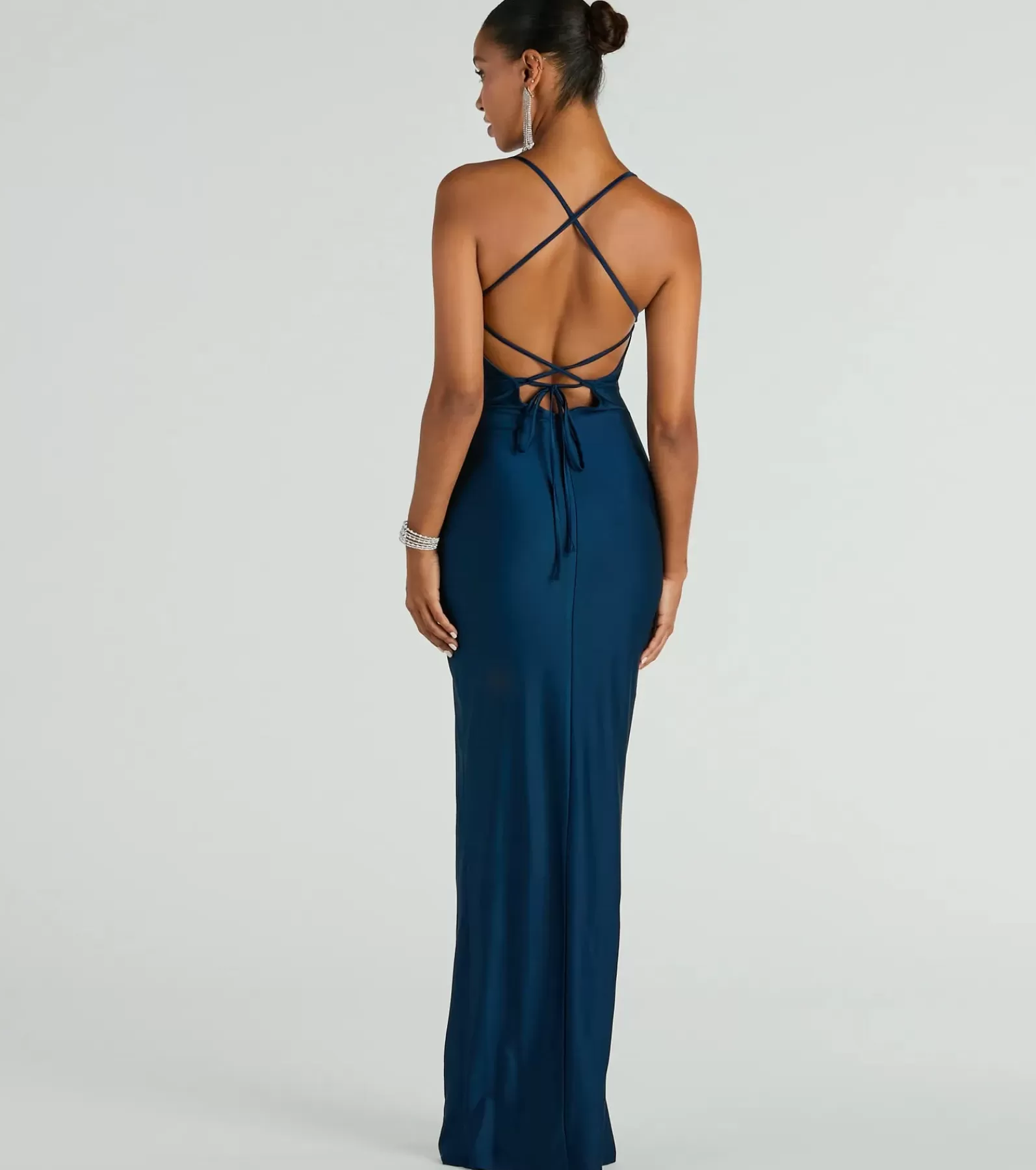 Windsor Blue Bridesmaid Dresses | Long Dresses*Natalie Cowl Neck Lace Up Slit Formal Dress