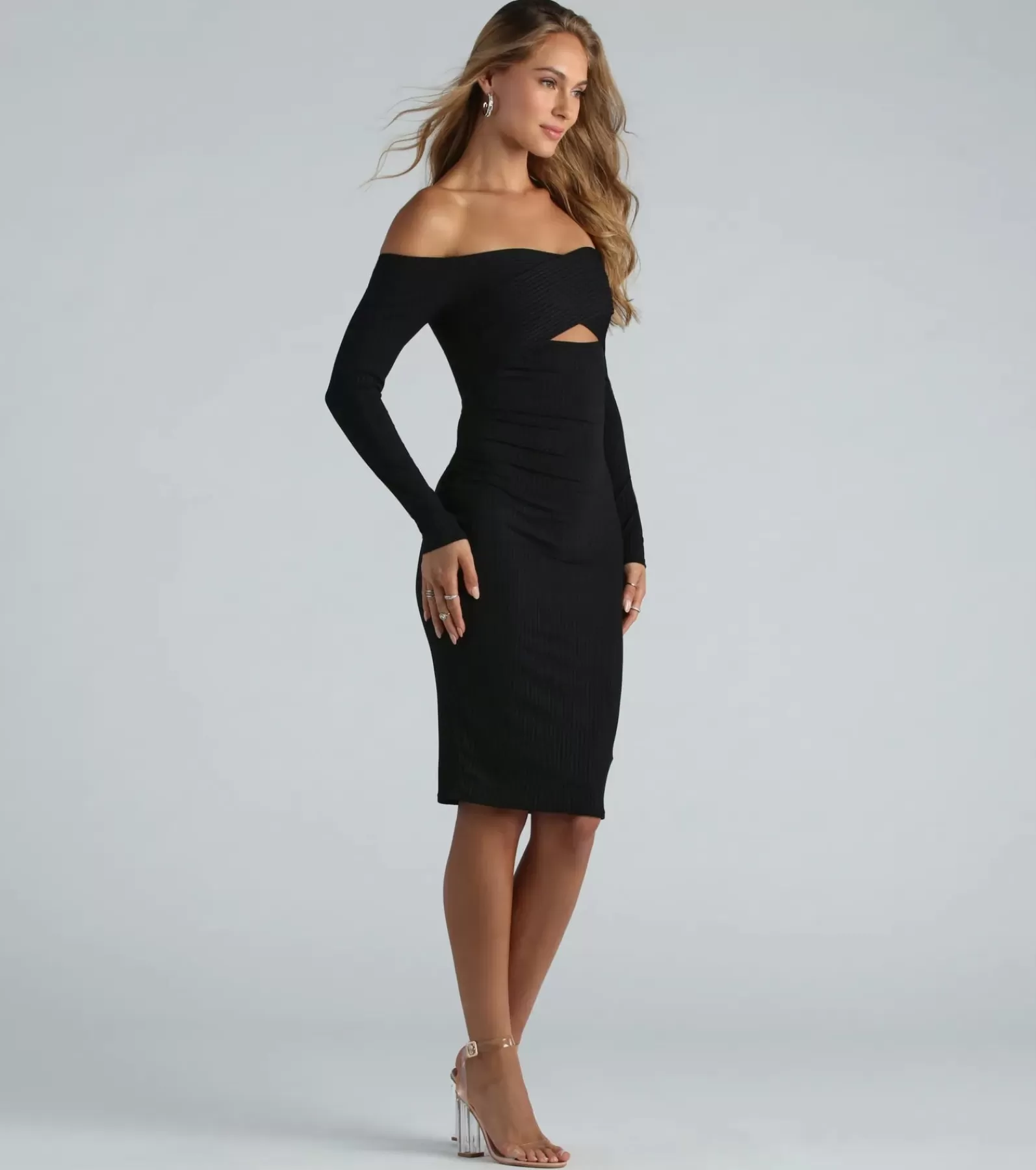 Windsor Country Wedding Guest Dresses | Midi Dresses*Off My Mind Cutout Long Sleeve Ribbed Knit Midi Dress