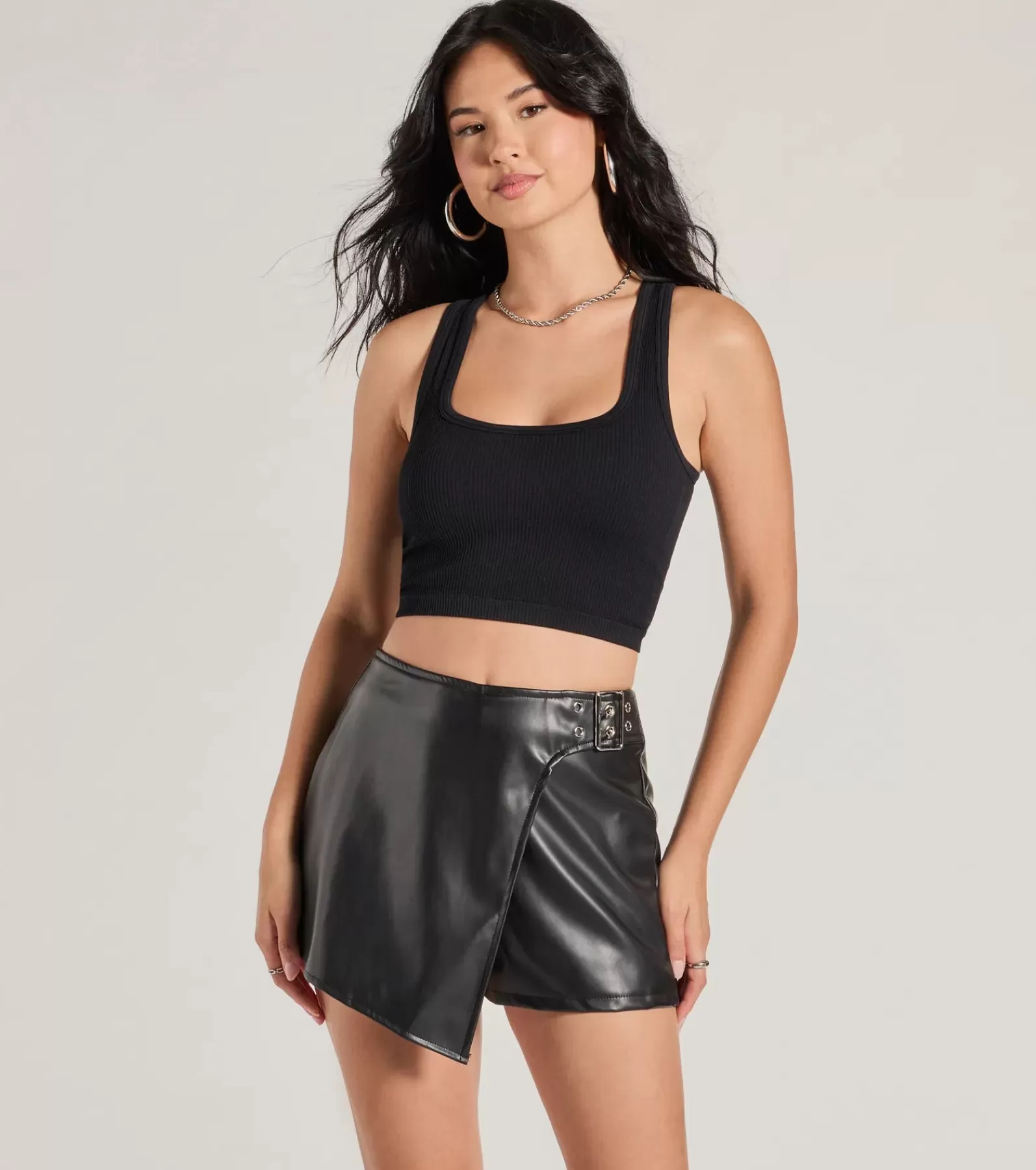 Windsor Black Skirts | Faux Leather & Suede Bottoms*On The Edge High Rise Belted Faux Leather Skort