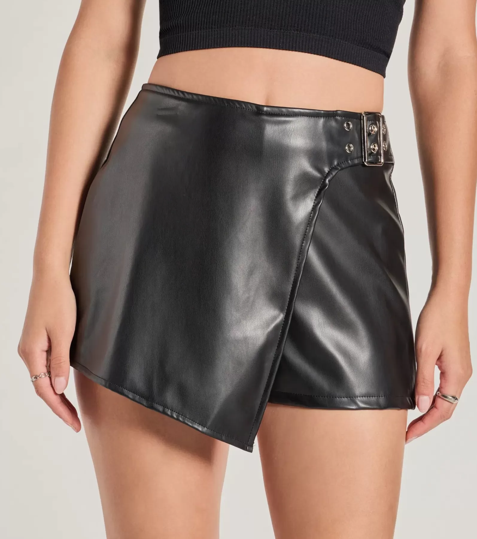 Windsor Black Skirts | Faux Leather & Suede Bottoms*On The Edge High Rise Belted Faux Leather Skort