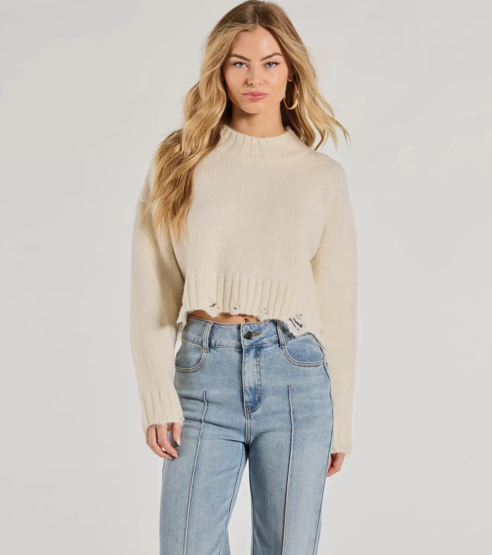 Windsor Sweaters & Cardigans | Long Sleeve Tops*On-Trend Distressed Knit Mock Neck Sweater