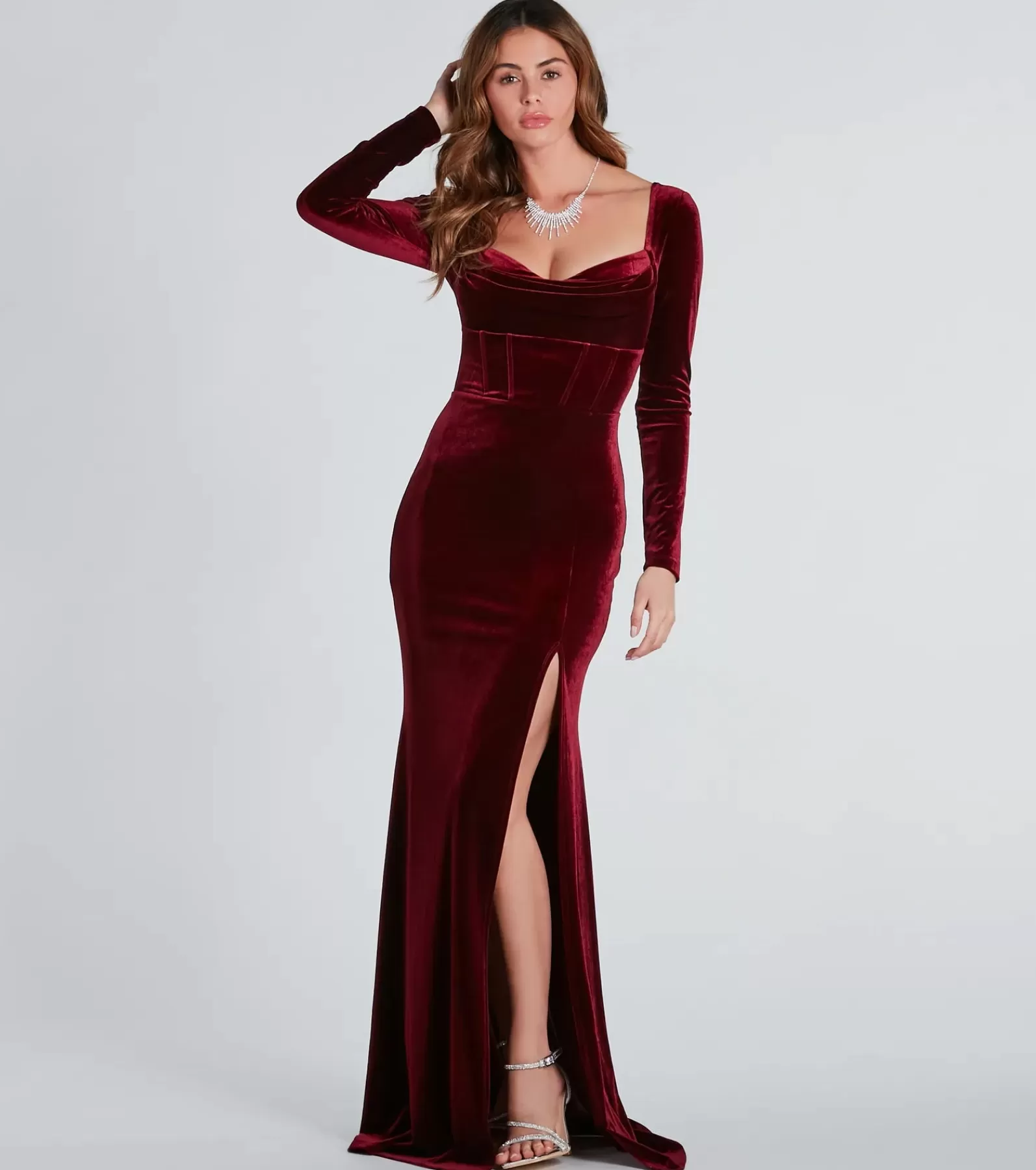 Windsor Red Bridesmaid Dresses | Velvet Holiday Dresses*Pam Formal Velvet Long Sleeve Mermaid Dress