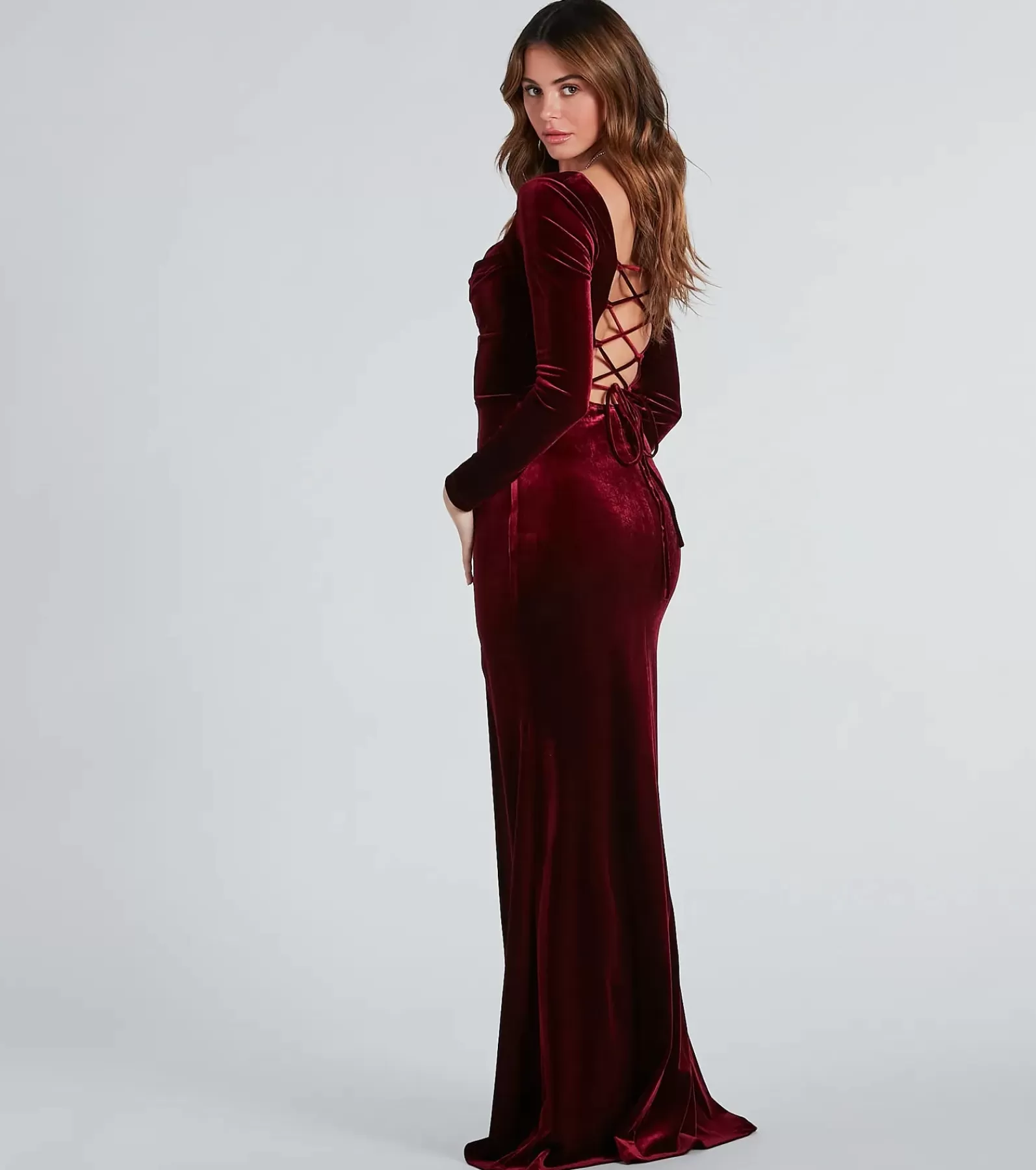 Windsor Red Bridesmaid Dresses | Velvet Holiday Dresses*Pam Formal Velvet Long Sleeve Mermaid Dress