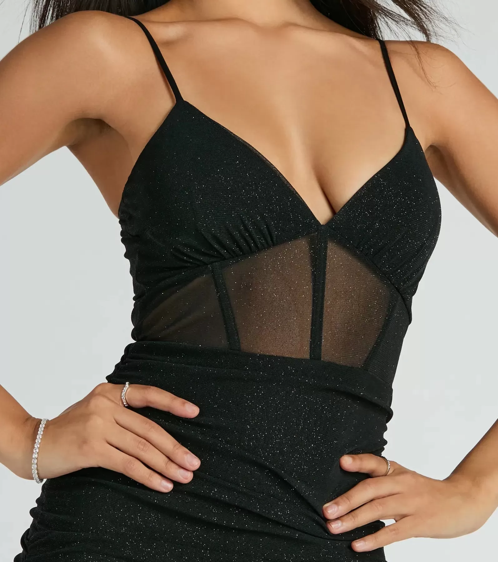 Windsor Corset Dresses*Patsy V-Neck Corset Slim Glitter Mesh Formal Dress
