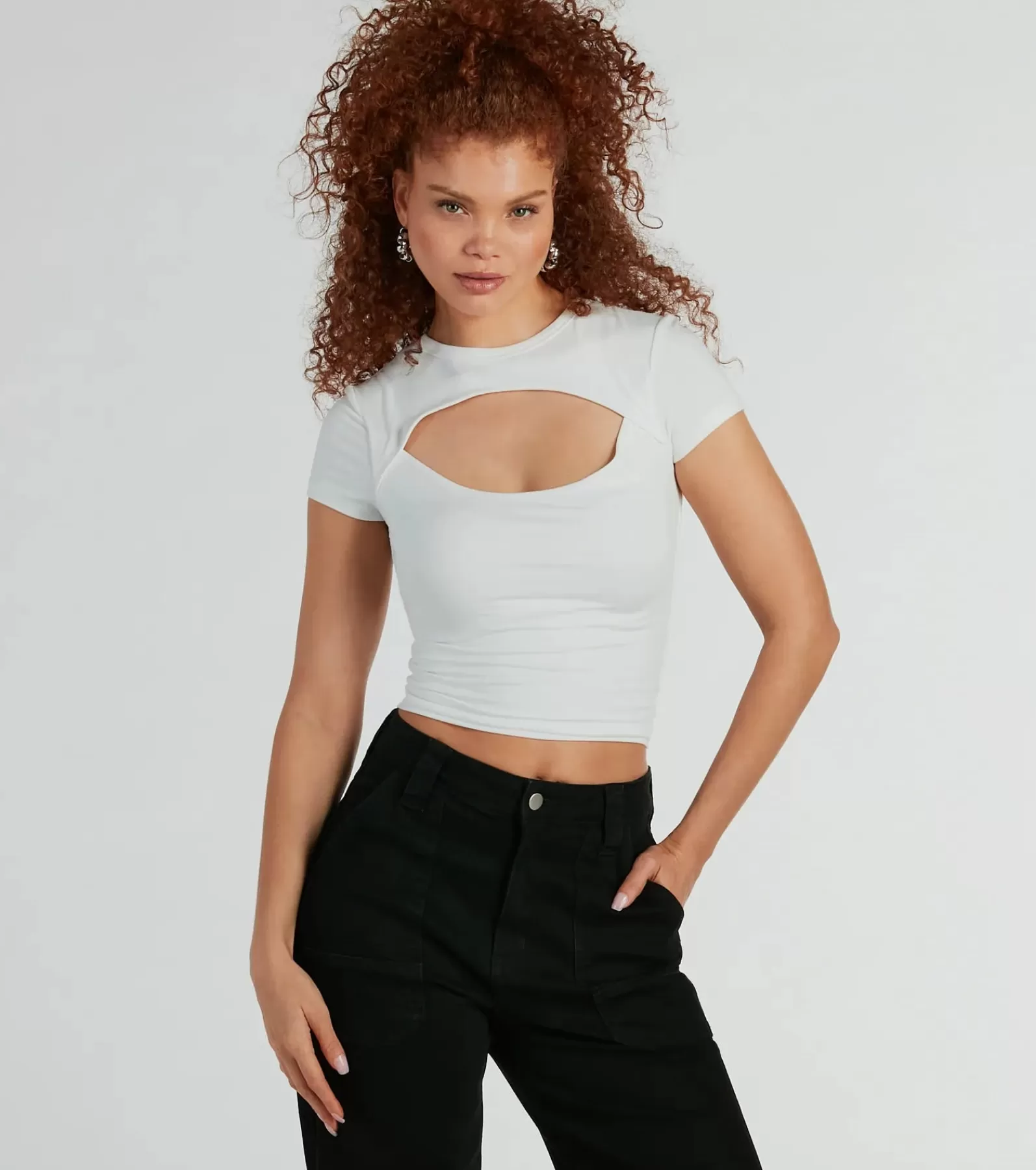 Windsor Basic Tops | Going-Out Tops*Playful Vibes Cutout Crew Neck Crop Top