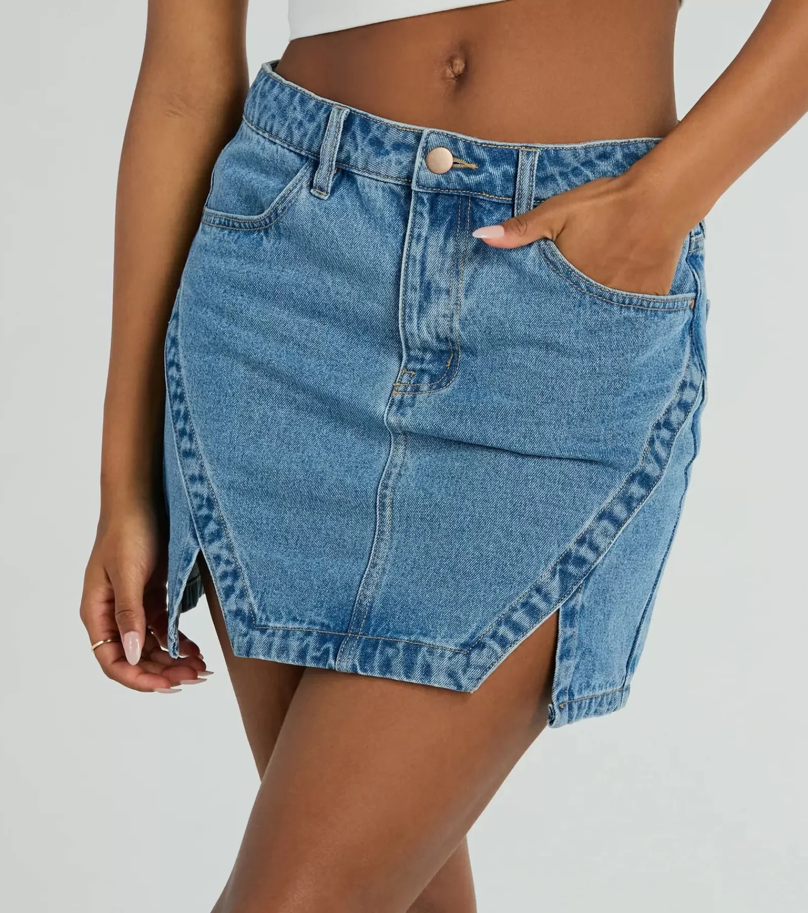 Windsor Denim Skirts | Mini Skirts*Playfully Perfect High Rise Slit Mini Denim Skirt