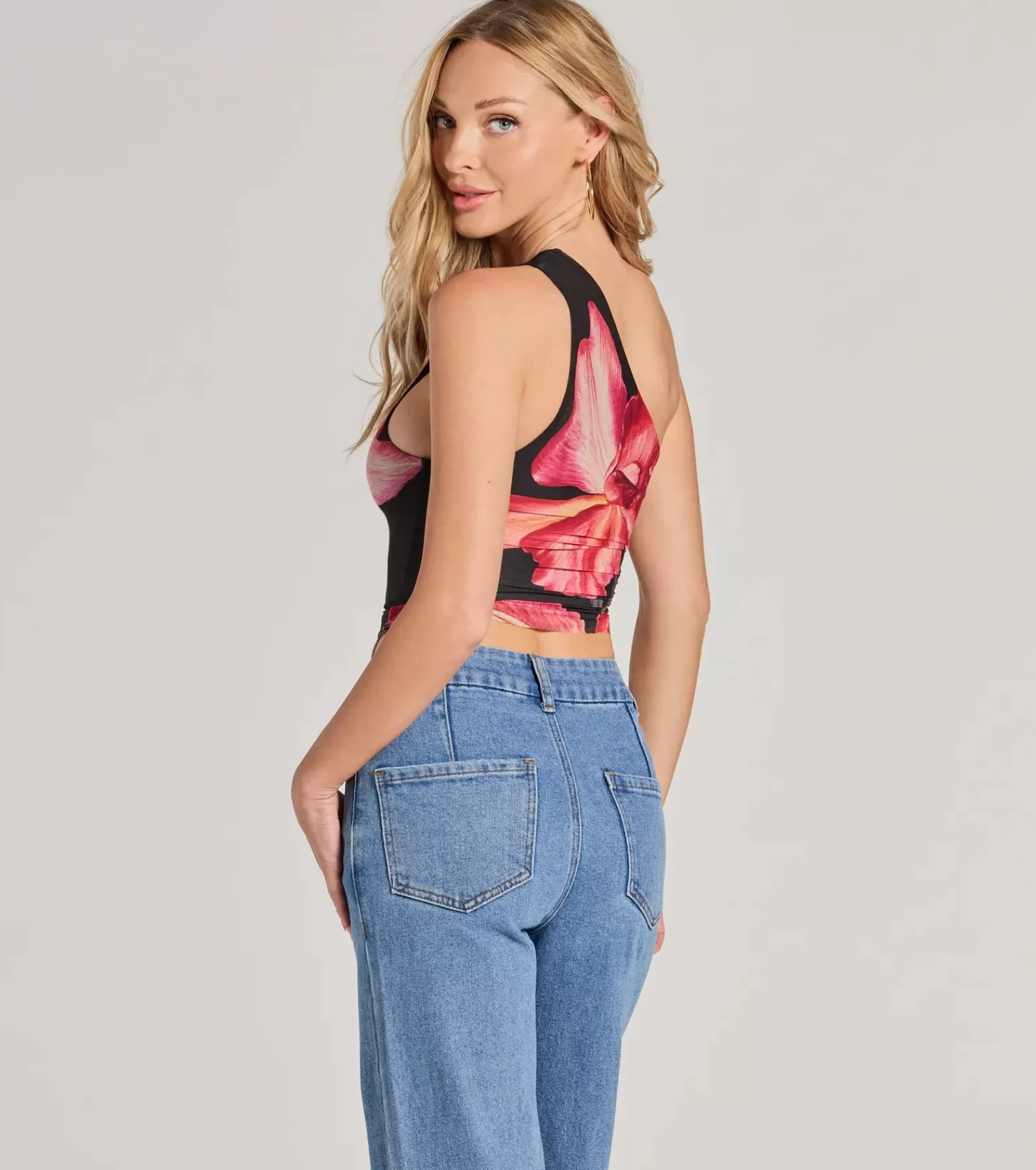 Windsor Crop Tops*Pretty Bold One-Shoulder Floral Mesh Crop Top