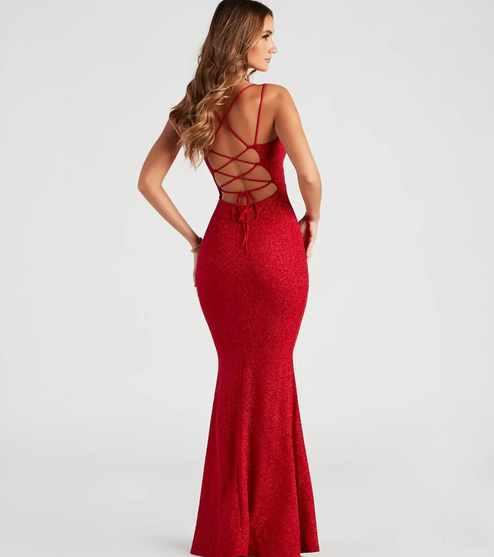 Windsor Red Bridesmaid Dresses | Red Holiday Dresses*Rachel Formal Glitter Lace-Up Dress