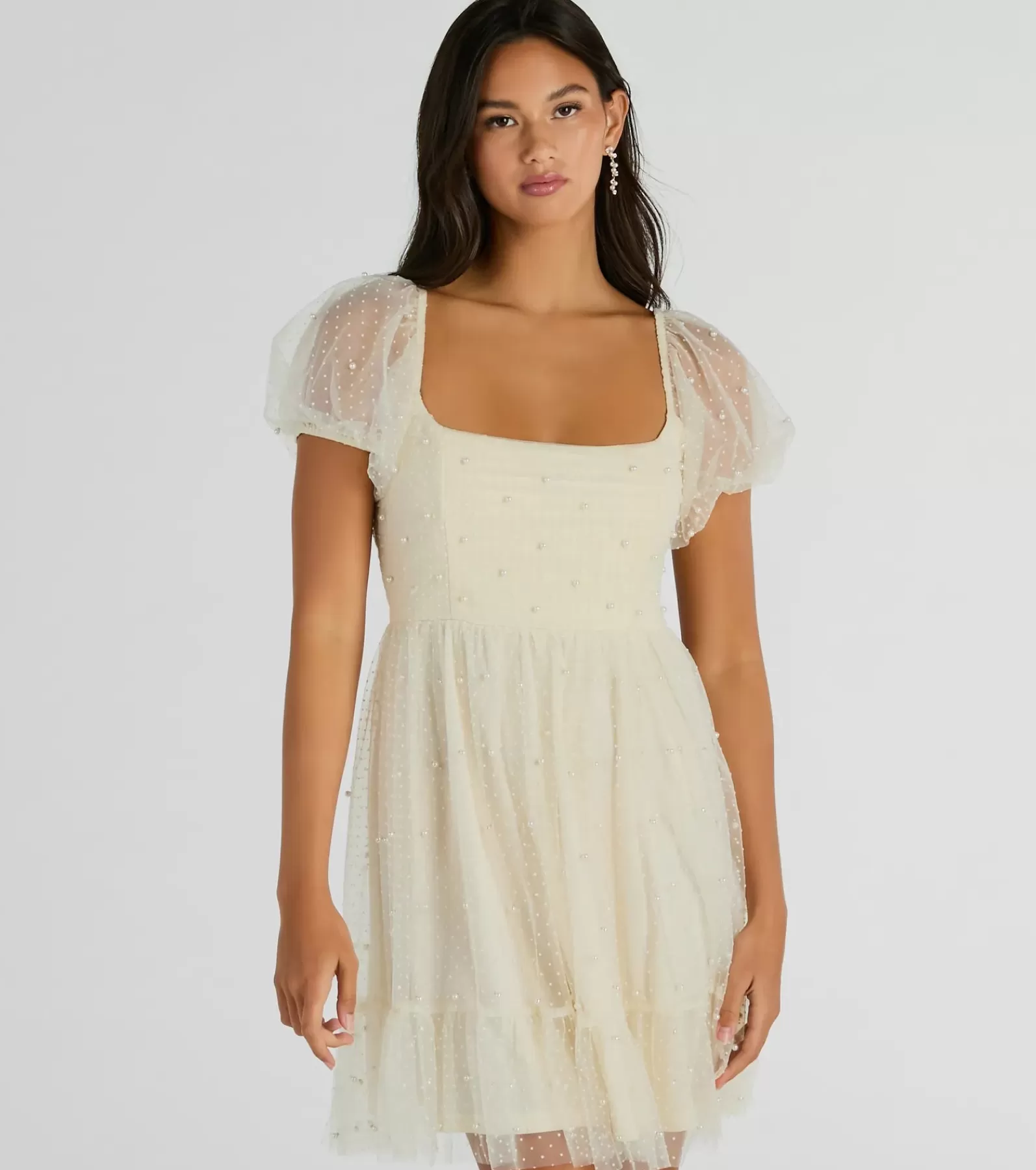 Windsor Rehearsal | Bridal Shower*Raise A Toast Puff Sleeve Faux Pearl Babydoll Dress