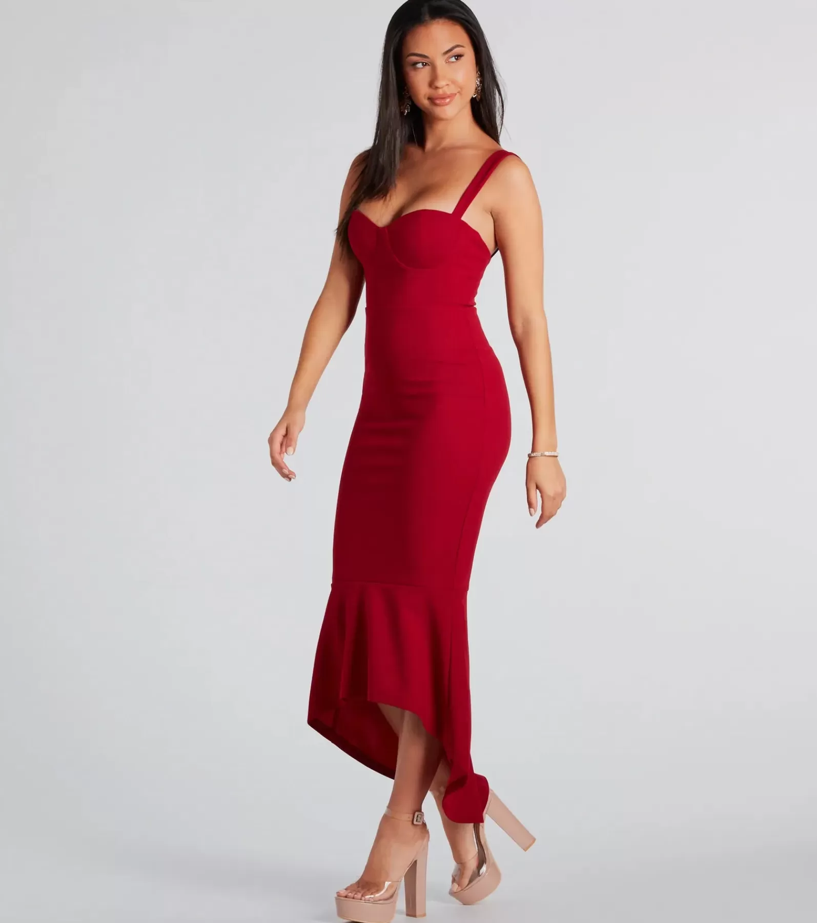 Windsor Red Holiday Dresses*Ramona Formal High-Low Ruffled Mermaid Dress