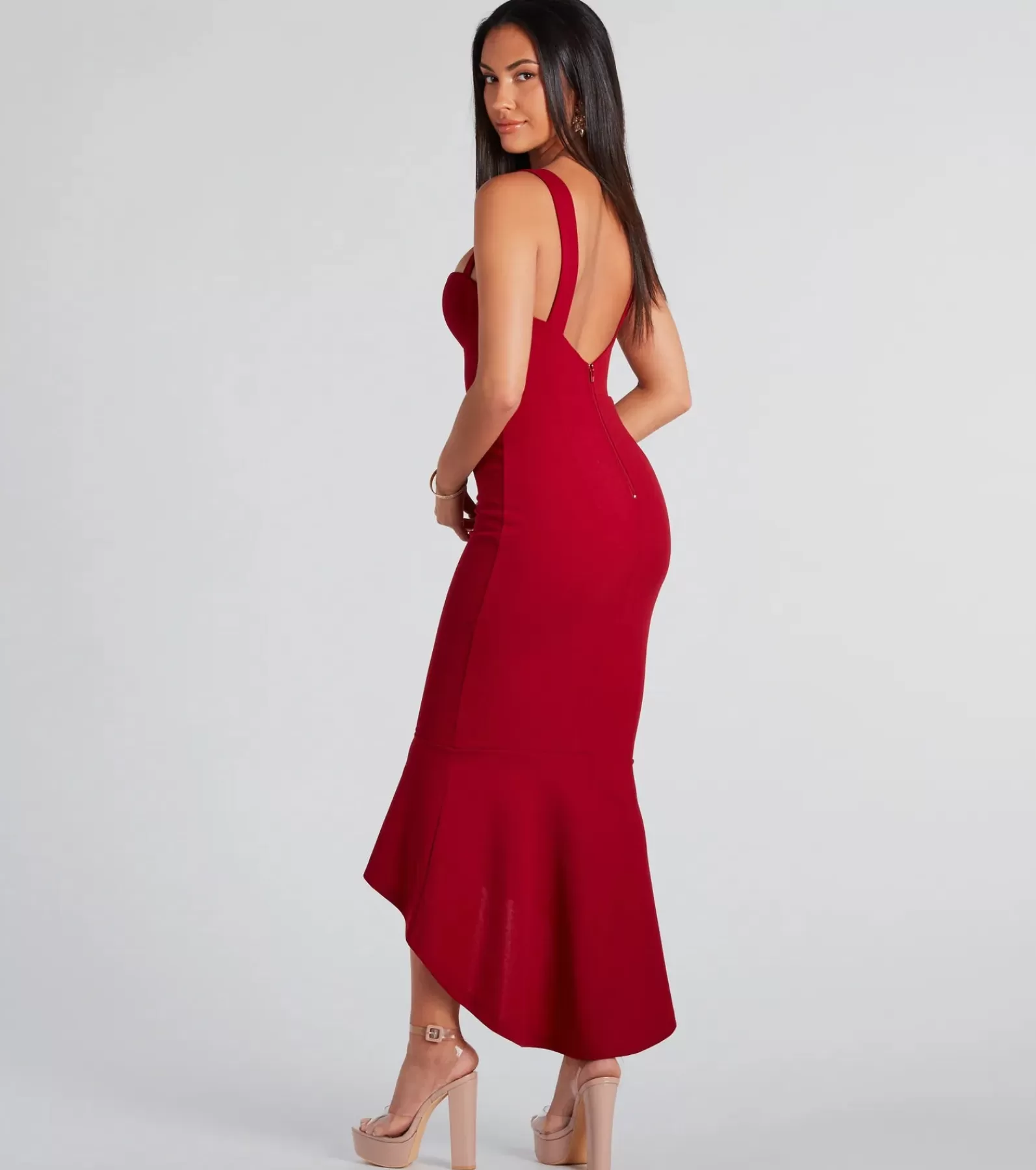 Windsor Red Holiday Dresses*Ramona Formal High-Low Ruffled Mermaid Dress